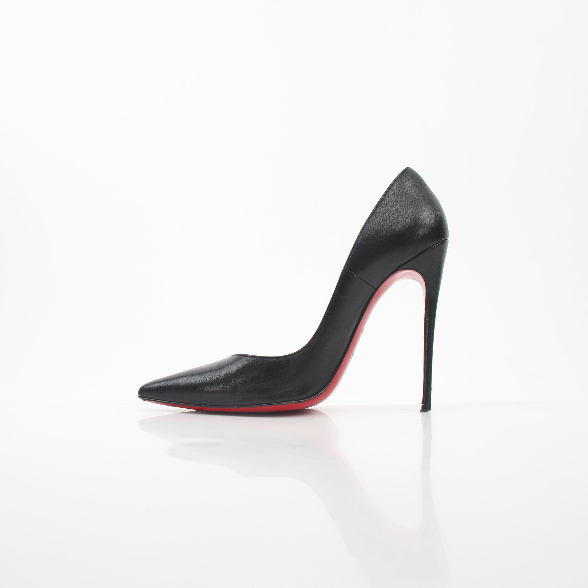 Christian Louboutin Black So Kate 120 nappa leather heels with pointed toes and stiletto heels, displayed on a neutral background.