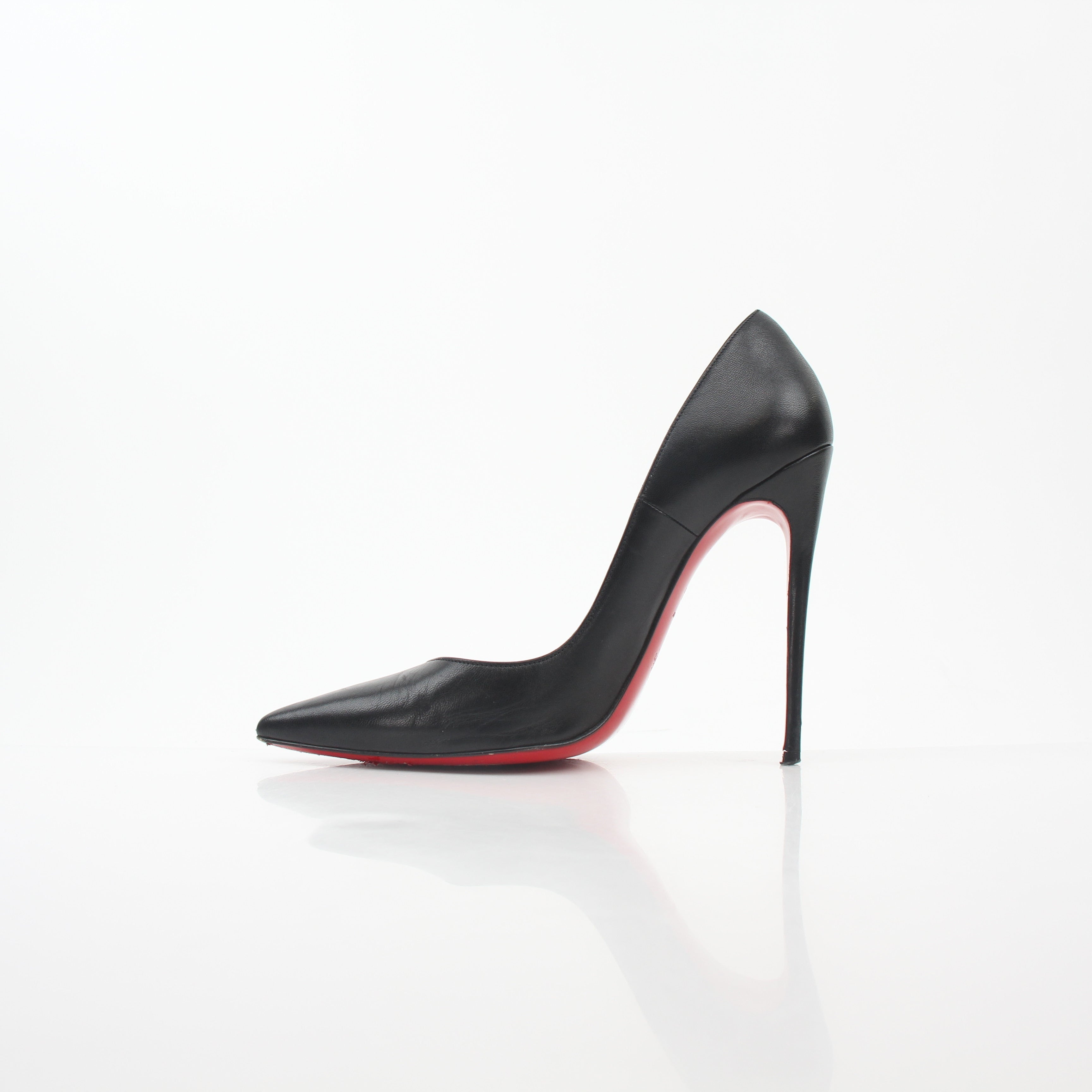 Christian Louboutin Black So Kate 120 nappa leather heels with pointed toes and stiletto heels, displayed on a neutral background.
