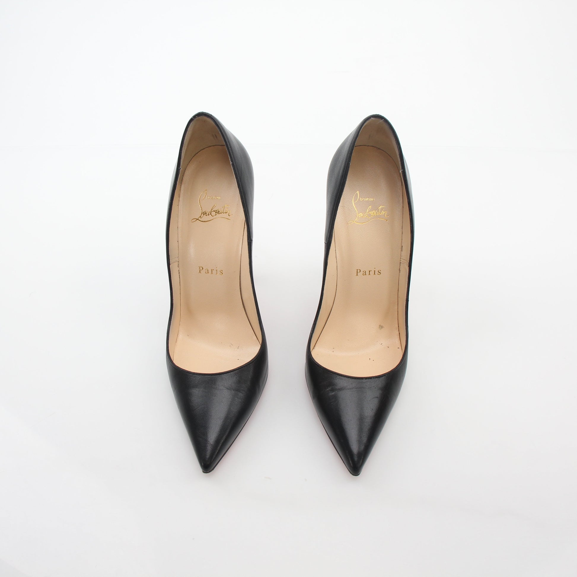 Christian Louboutin Black So Kate 120 Nappa Leather Heels with pointed toe and stiletto heel, displayed on a neutral background.