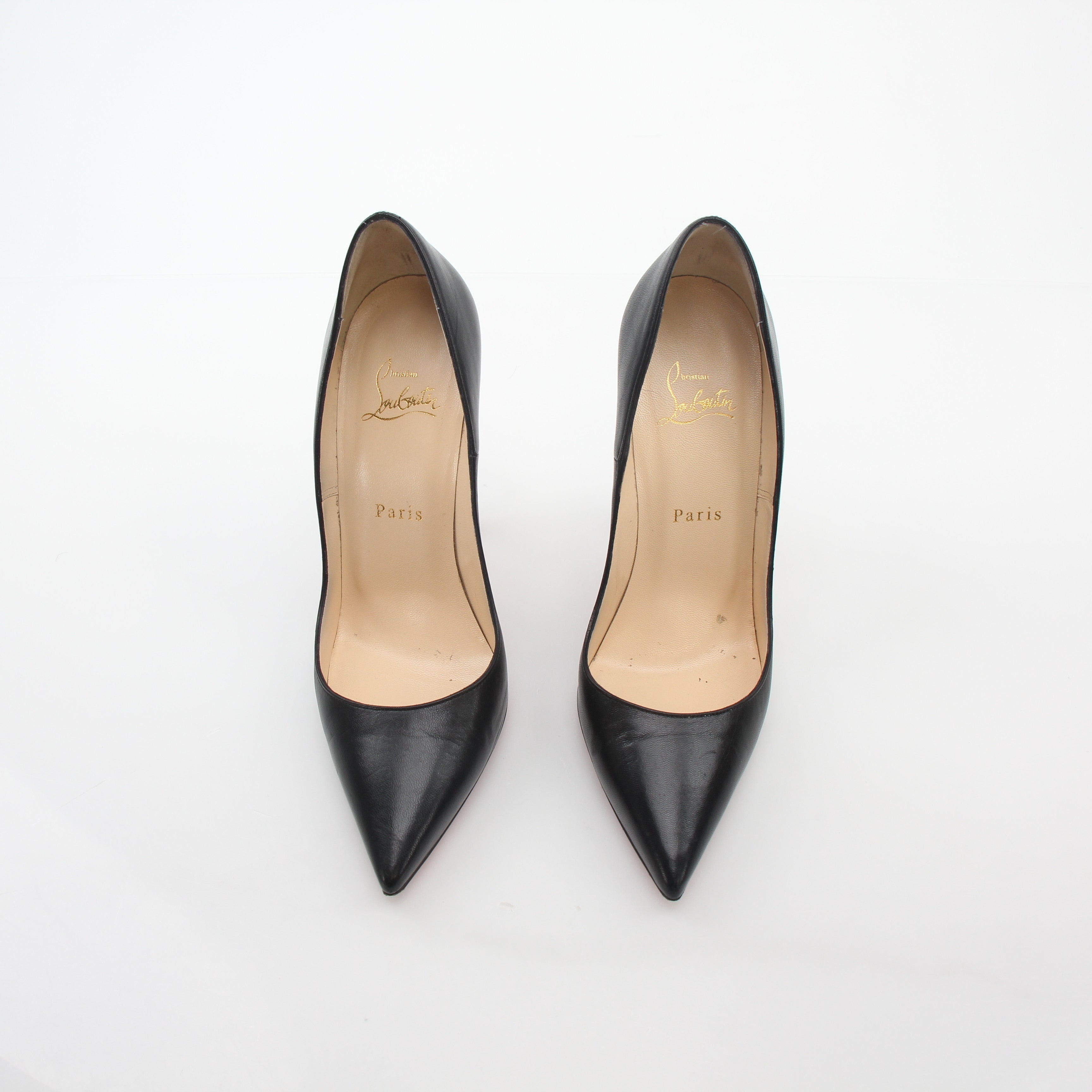 Christian Louboutin Black So Kate 120 Nappa Leather Heels with pointed toe and stiletto heel, displayed on a neutral background.