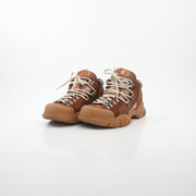 Gold & Beyond Gucci Brown GG Canvas Flashtrek mid-top sneakers with lace-up closure and rubber sole, stylish and casual footwear.
