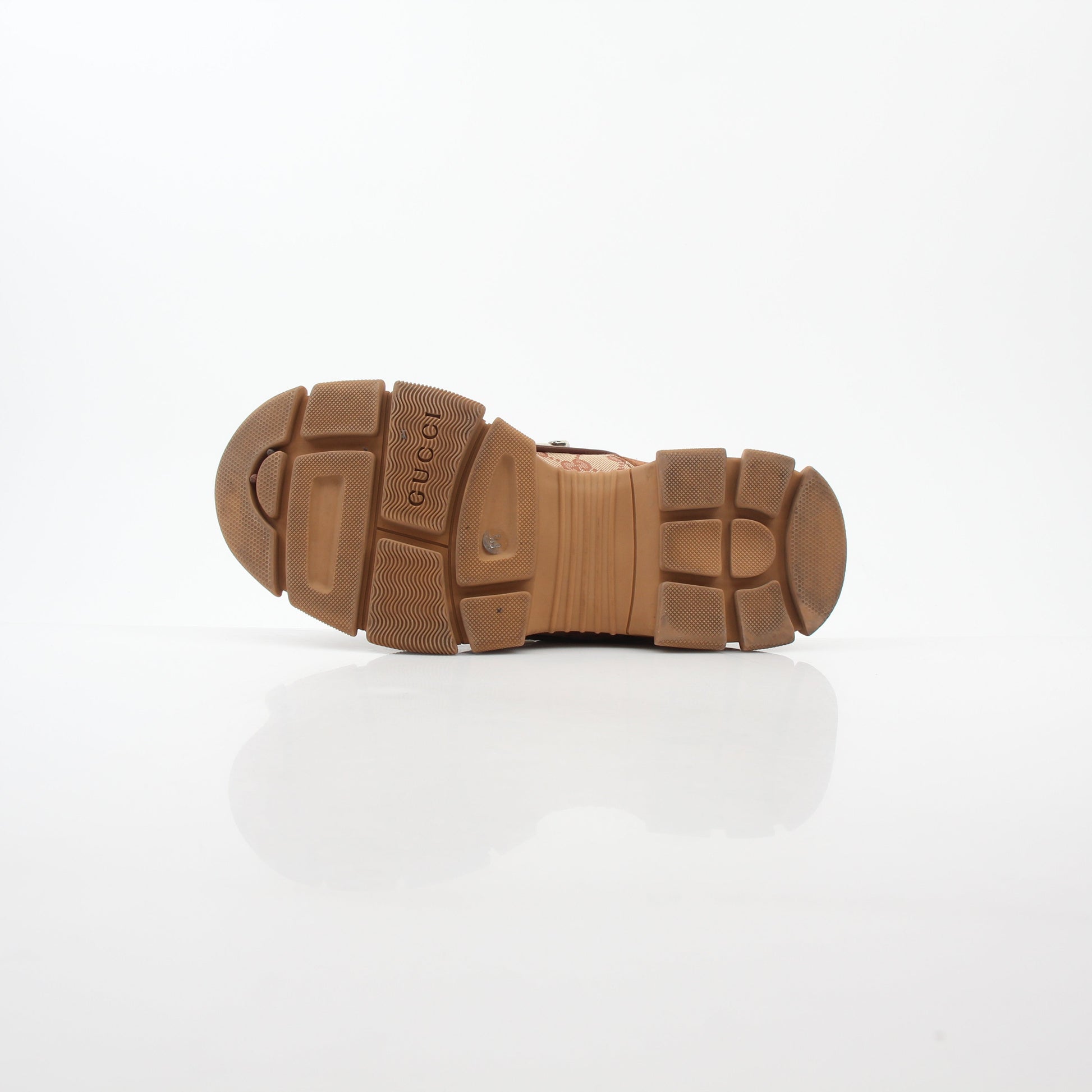 Gold & Beyond Gucci Brown GG Canvas Flashtrek mid-top sneakers with white soles and brown laces, showcasing stylish casual shoes.