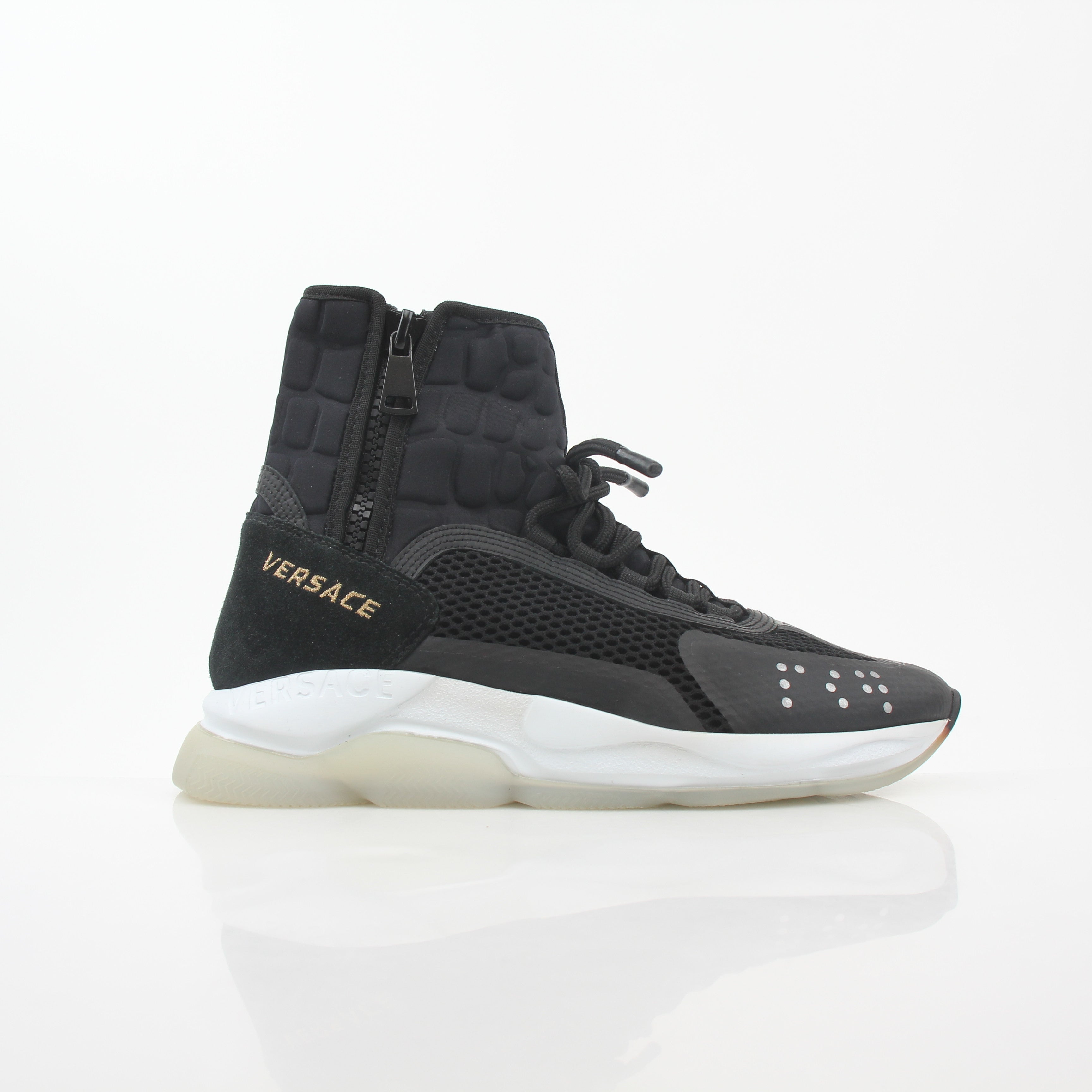 Gold & Beyond Versace Black Cross Chainer high-top sneakers with bold cross design and high-top style.