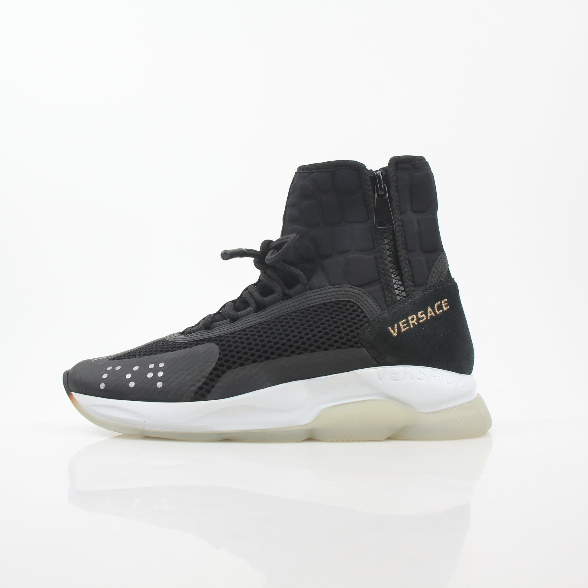 Gold & Beyond Versace Black Cross Chainer high-top sneakers with logo accents and stylish design, featuring a chunky sole and lace-up closure.