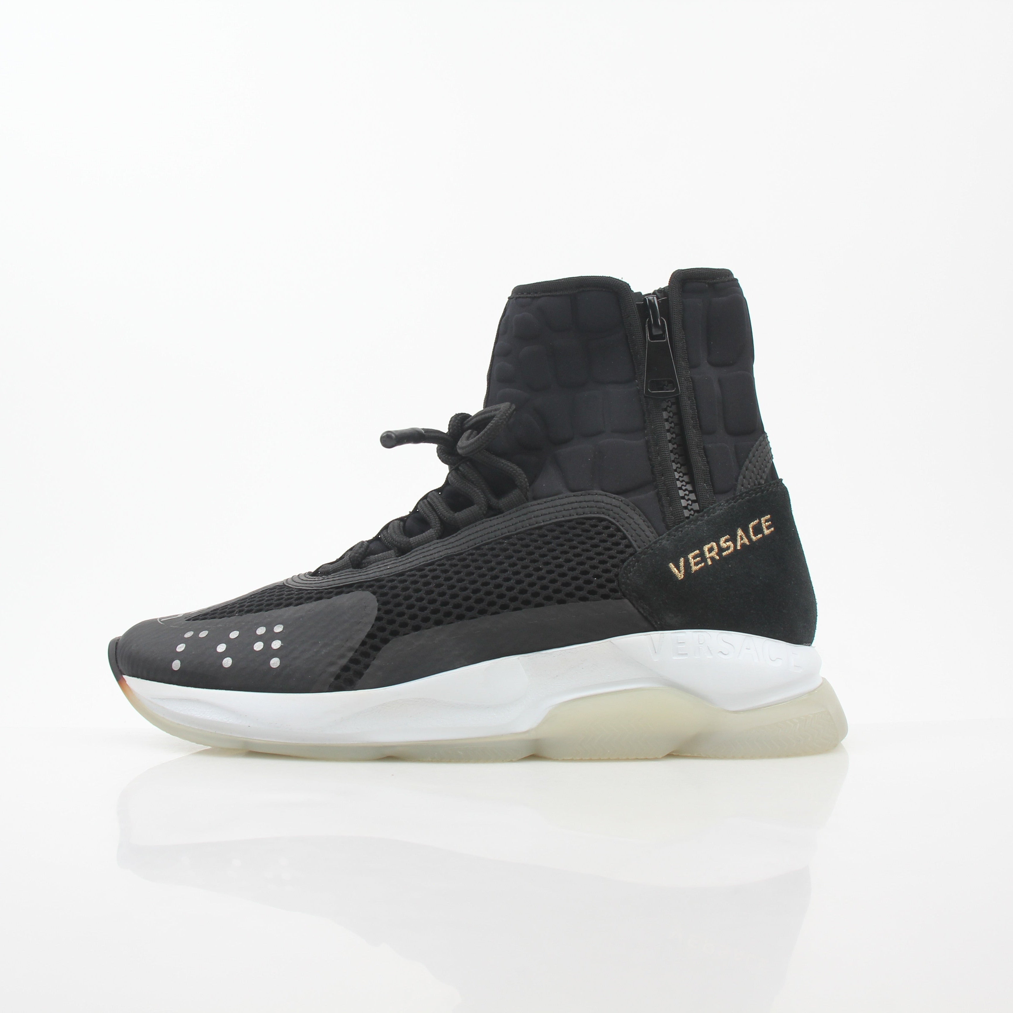 Gold & Beyond Versace Black Cross Chainer high-top sneakers with logo accents and stylish design, featuring a chunky sole and lace-up closure.