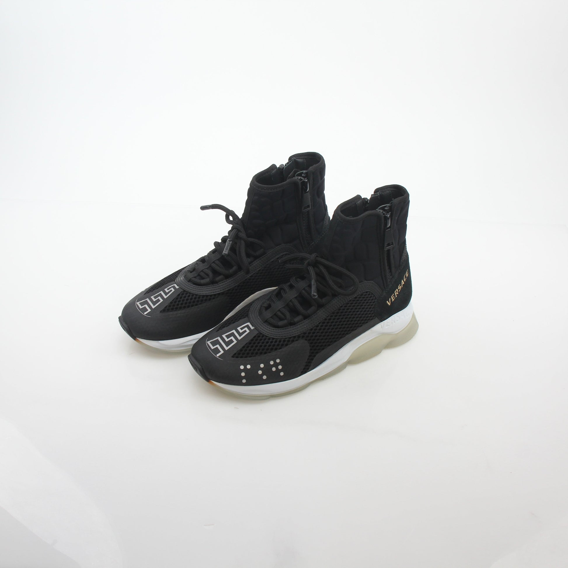 Gold & Beyond Versace Black Cross Chainer high-top sneakers with stylish design and chunky sole, perfect for casual streetwear.