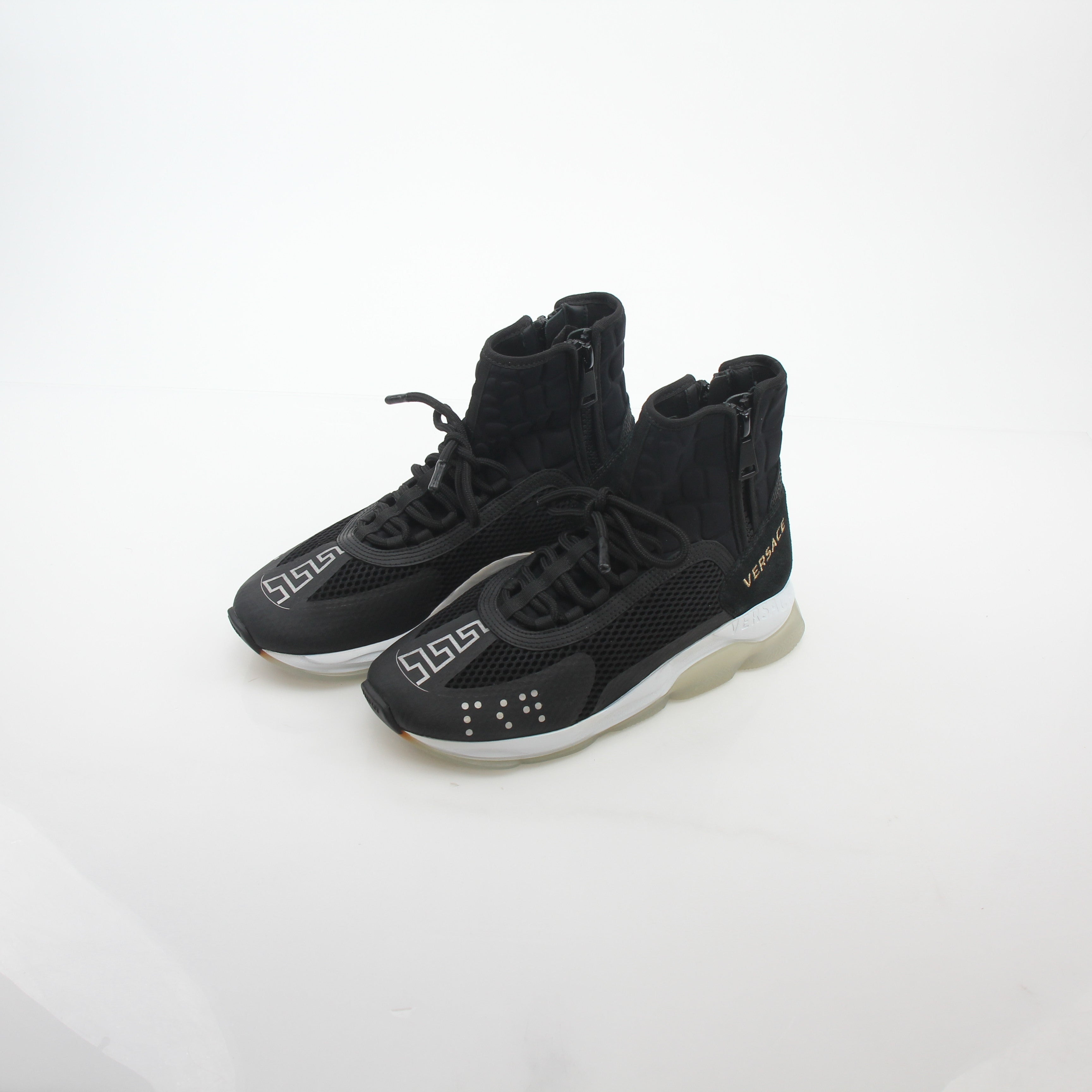 Gold & Beyond Versace Black Cross Chainer high-top sneakers with stylish design and chunky sole, perfect for casual streetwear.