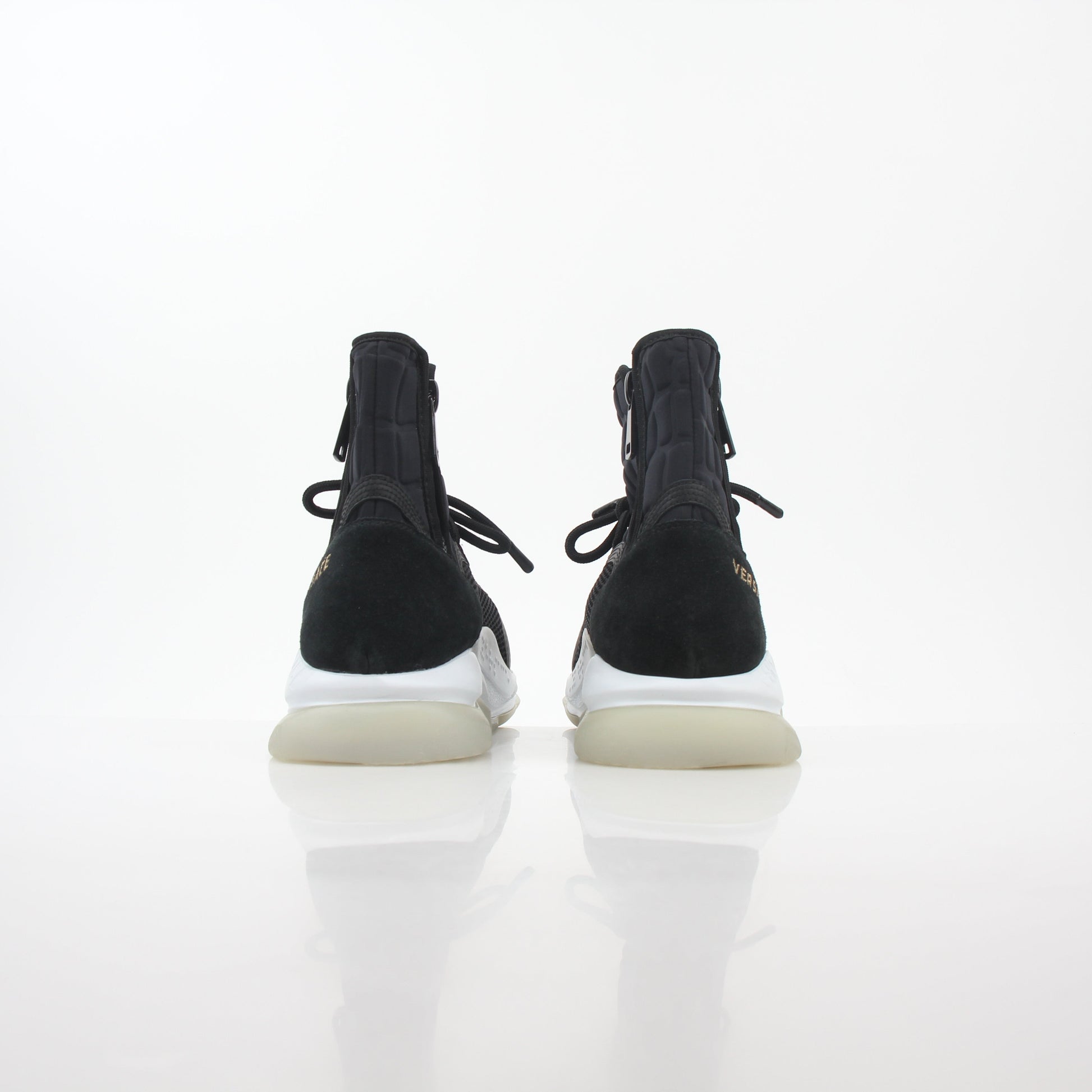 Versace Black Cross Chainer high-top sneakers by Gold & Beyond, featuring black material with cross chain detail and high-top design.