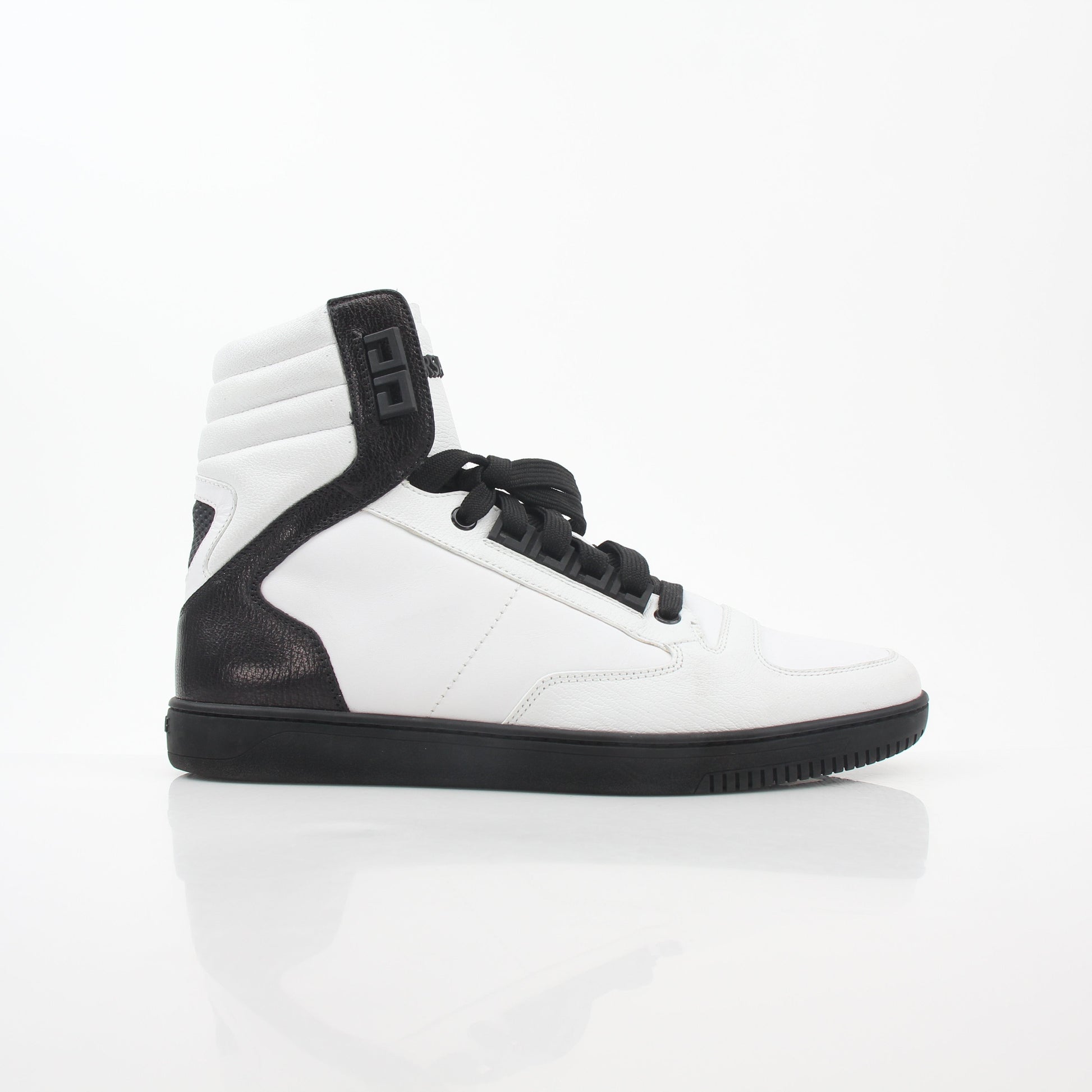 Gold & Beyond Versace White and Black Greca Key high-top sneakers showing the stylish design and branded details.
