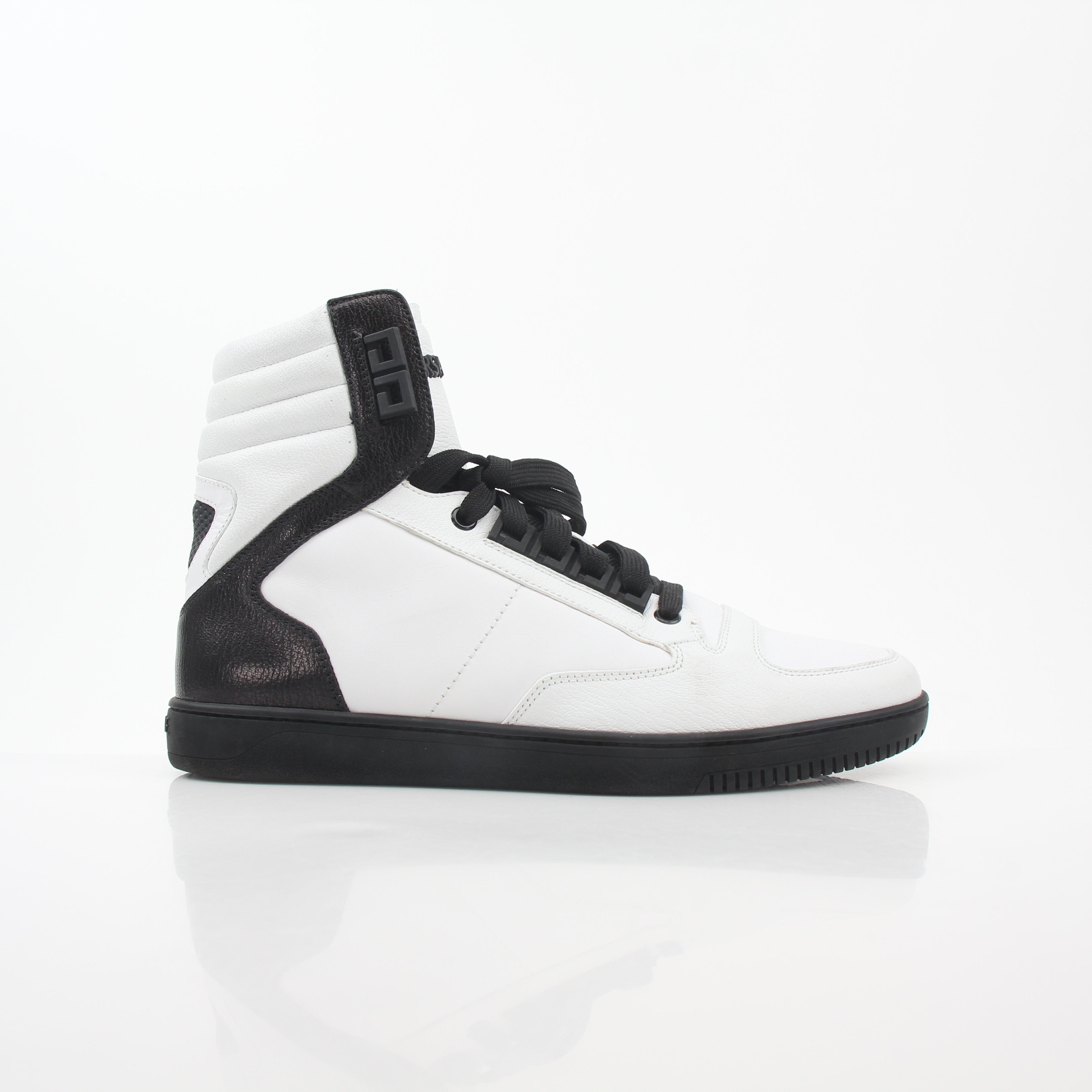 Gold & Beyond Versace White and Black Greca Key high-top sneakers showing the stylish design and branded details.