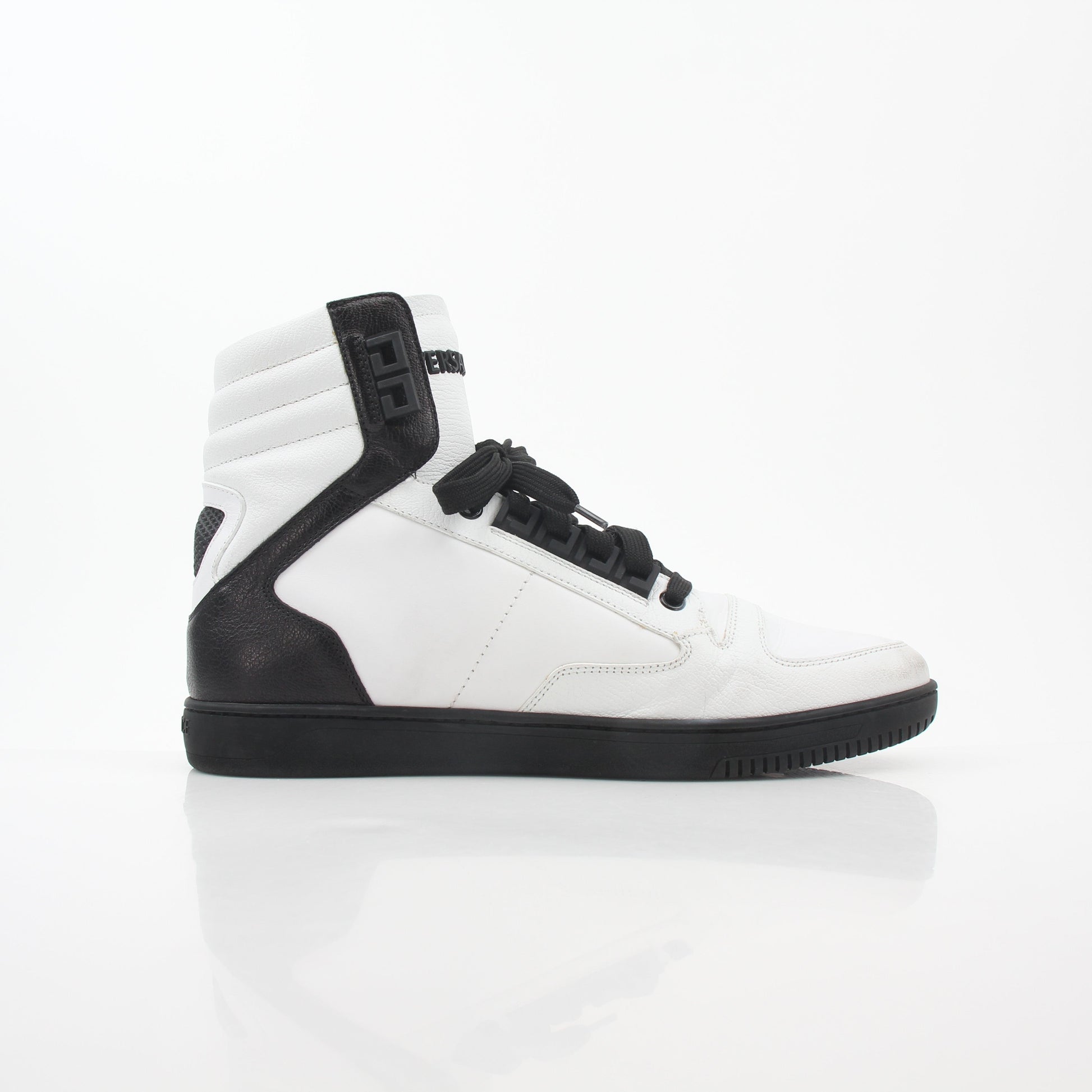 Gold & Beyond Versace White and Black Greca Key high-top sneakers featuring iconic Greek key pattern and stylish design.