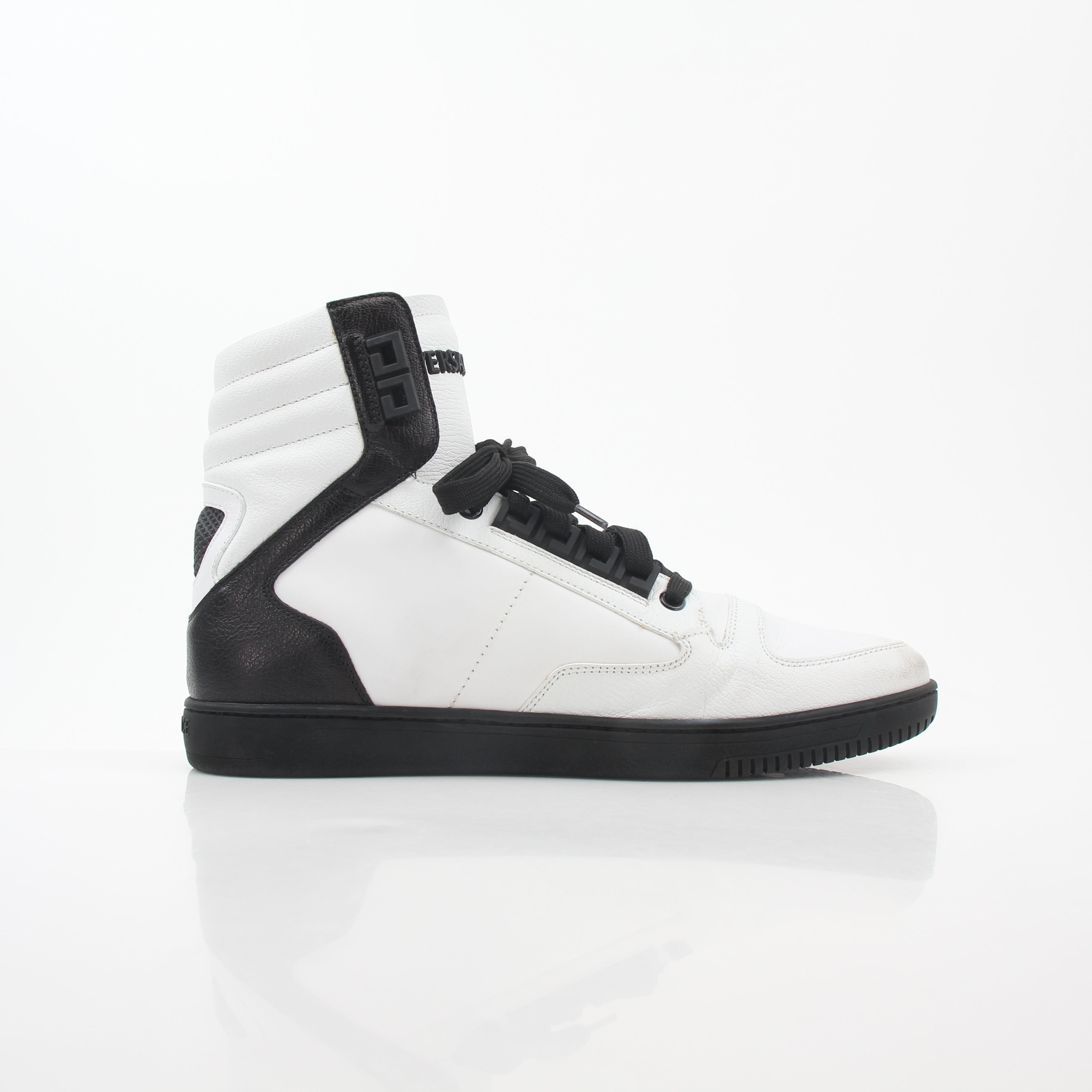 Gold & Beyond Versace White and Black Greca Key high-top sneakers featuring iconic Greek key pattern and stylish design.