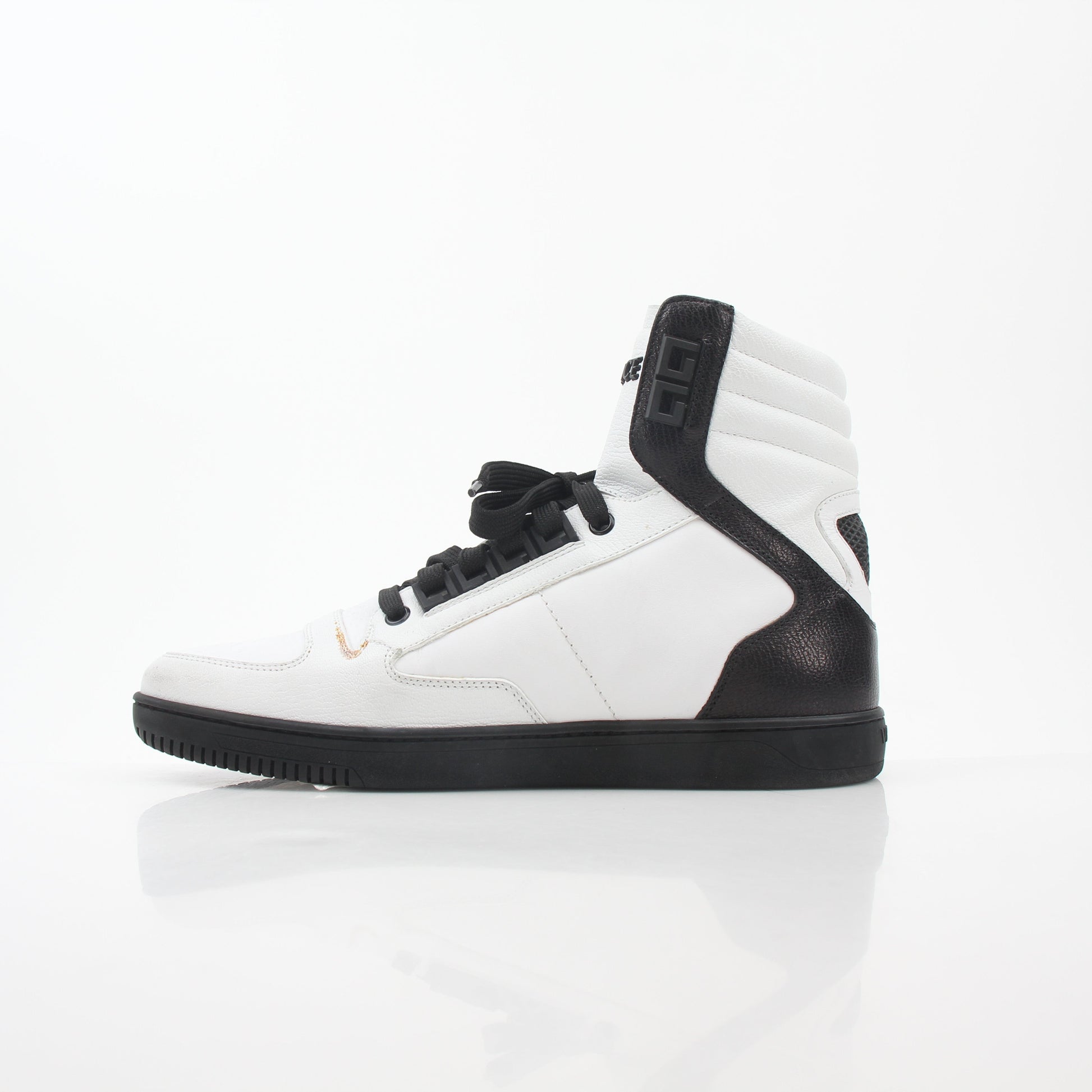 Gold & Beyond Versace White and Black Greca Key high-top sneakers with signature design and branding details.