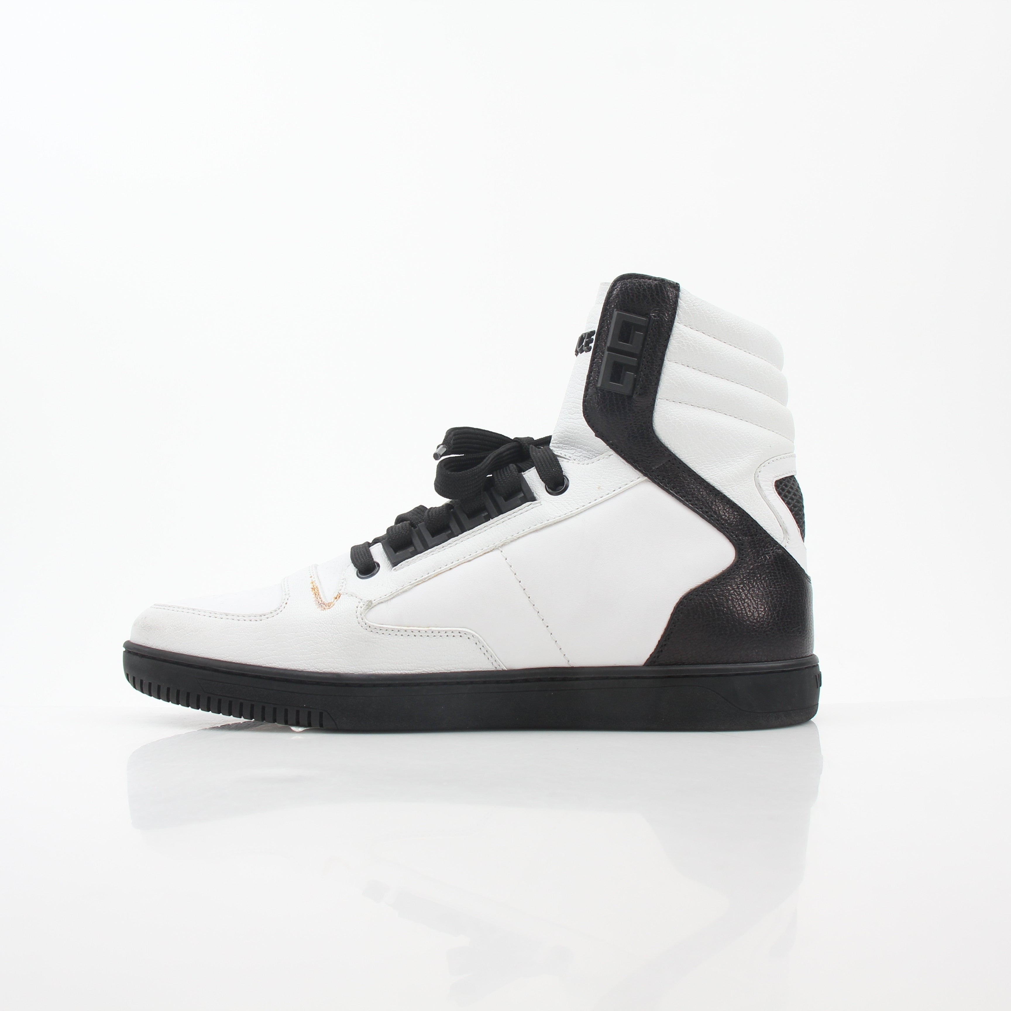 Gold & Beyond Versace White and Black Greca Key high-top sneakers with signature design and branding details.