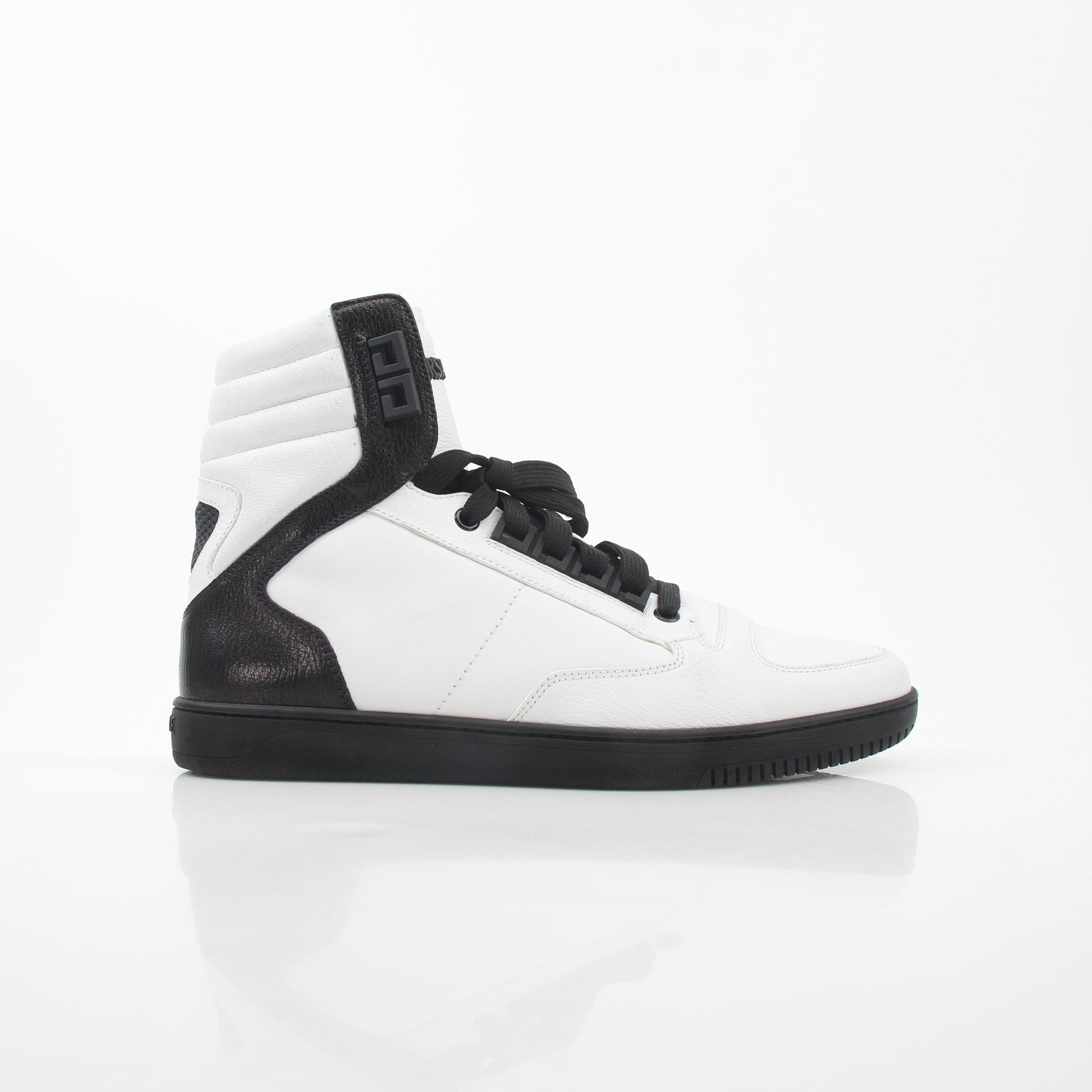 Gold & Beyond Versace White and Black Greca Key high-top sneakers with stylish design and logo details.