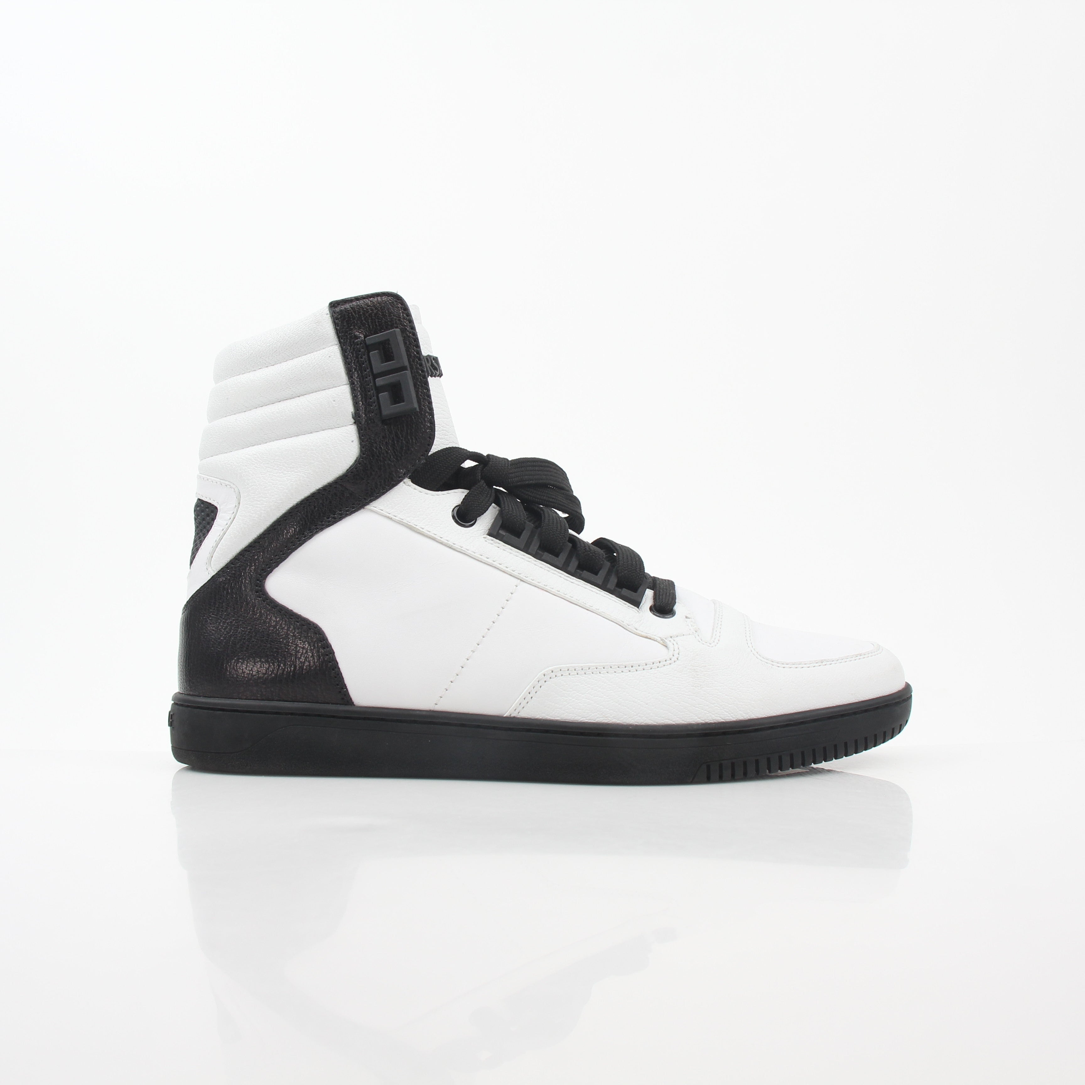 Gold & Beyond Versace White and Black Greca Key high-top sneakers with stylish design and logo details.