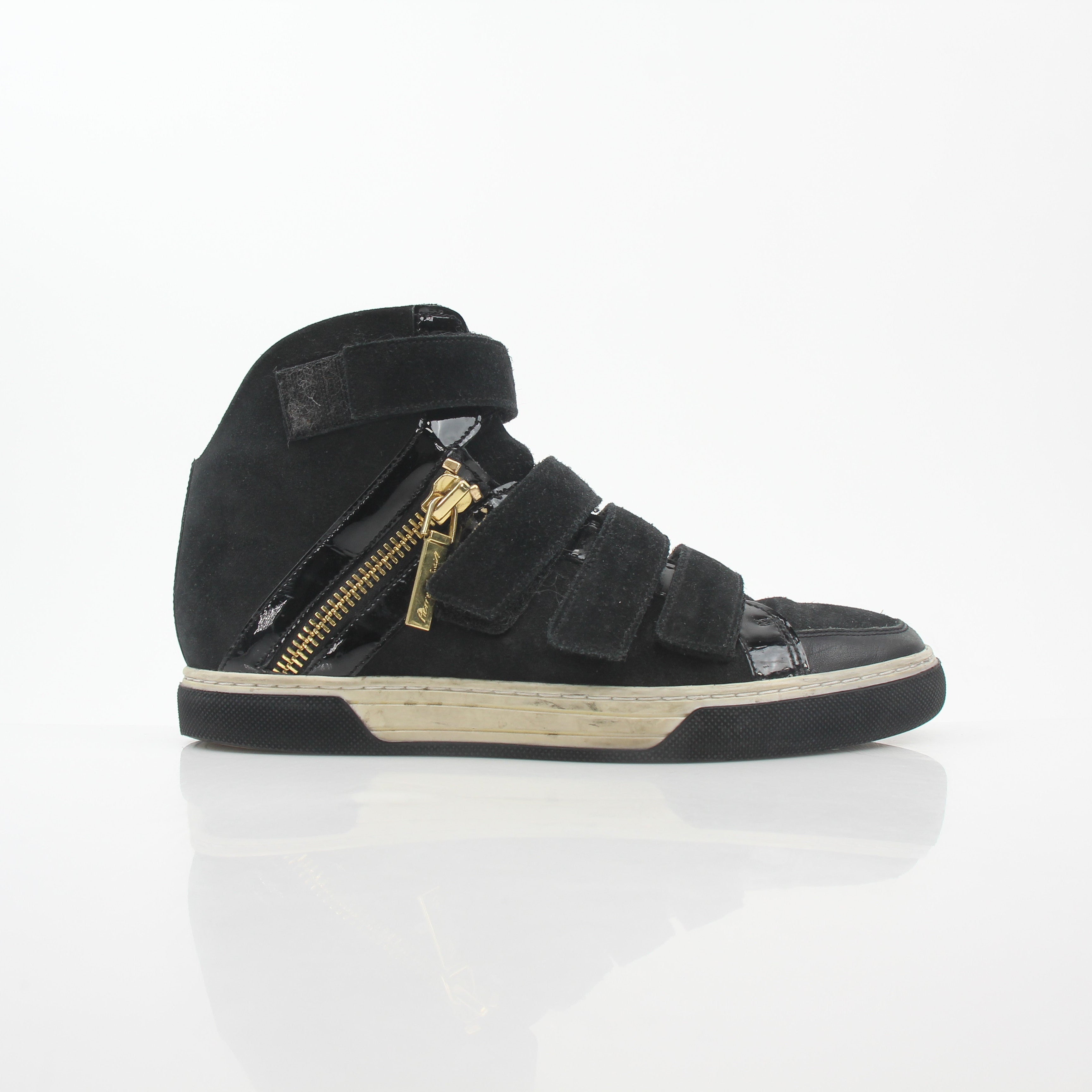 Pierre Balmain black multi-strap high-top sneakers from Gold & Beyond showing the stylish shoes with layered straps and high-top design.