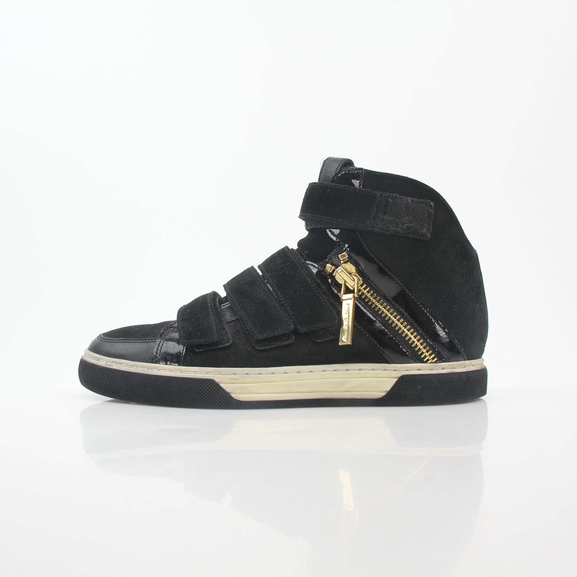 Black Pierre Balmain multi-strap high-top sneakers by Gold & Beyond, showcasing stylish footwear with multiple straps and high-top design.