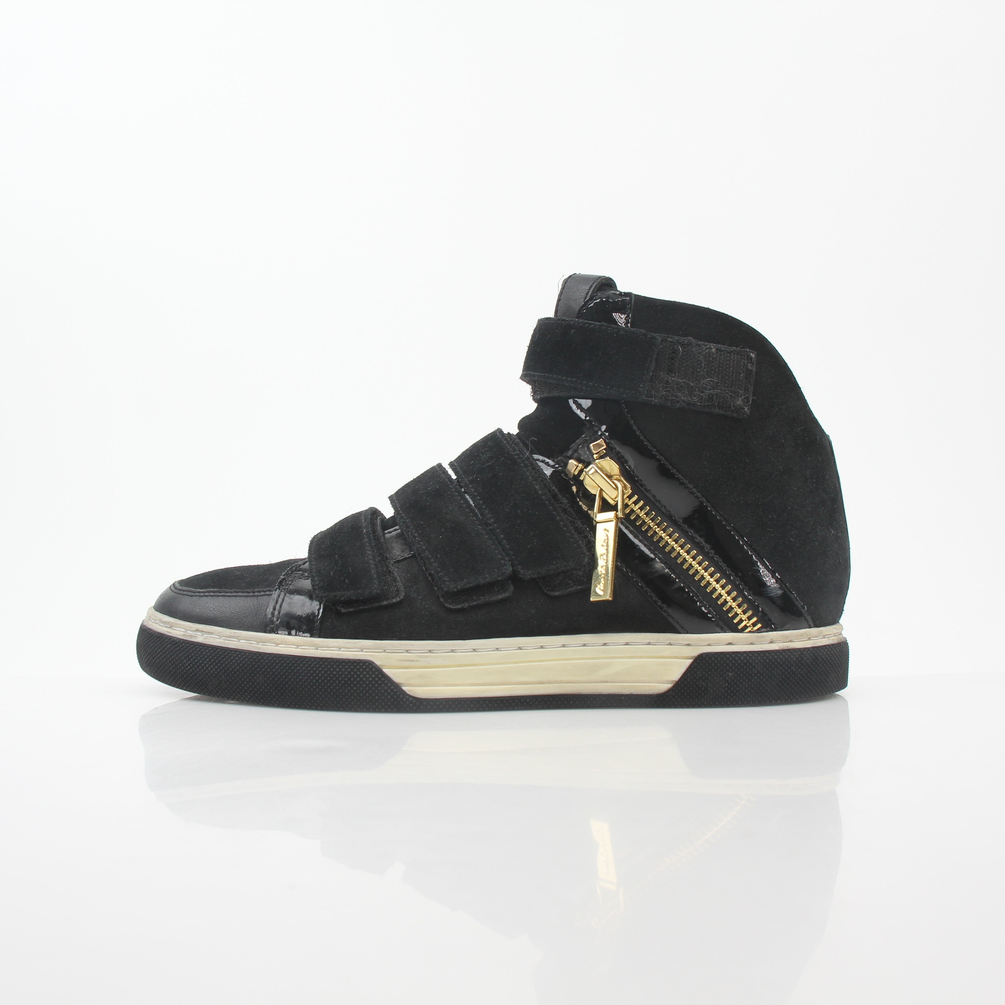 Black Pierre Balmain multi-strap high-top sneakers by Gold & Beyond, showcasing stylish footwear with multiple straps and high-top design.
