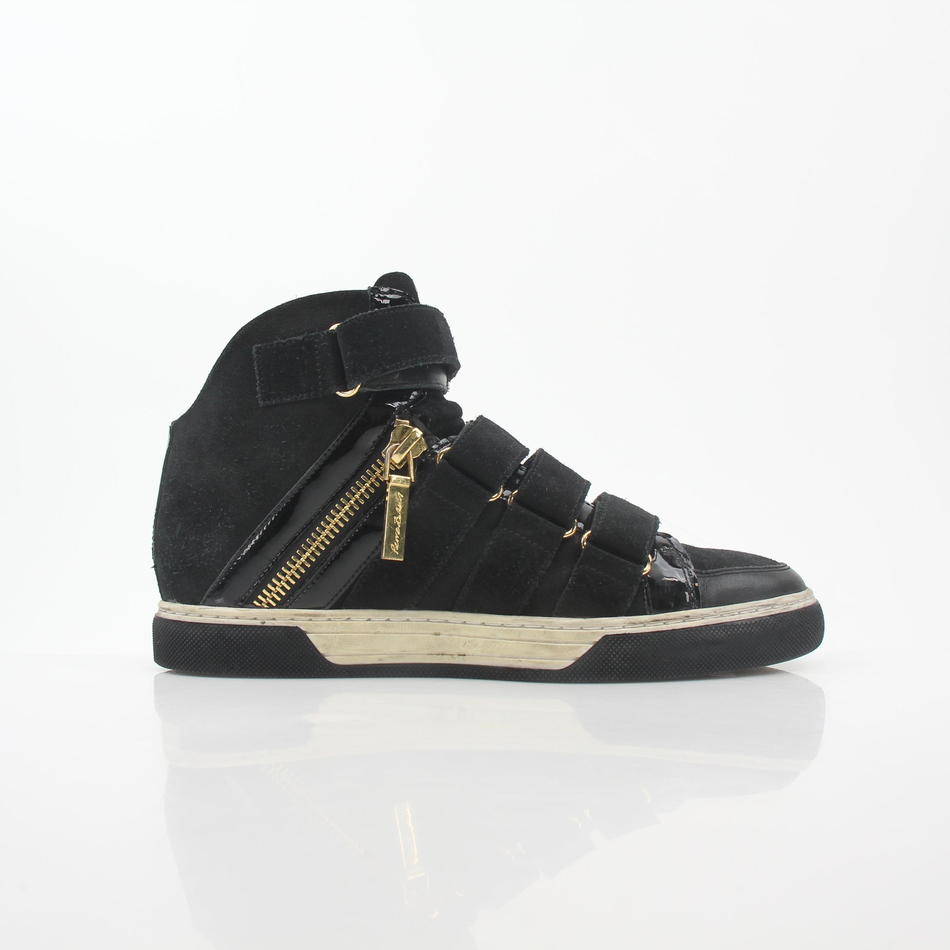 Pierre Balmain black multi-strap high-top sneakers with gold accents, featuring a sporty design and stylish shoe laces.