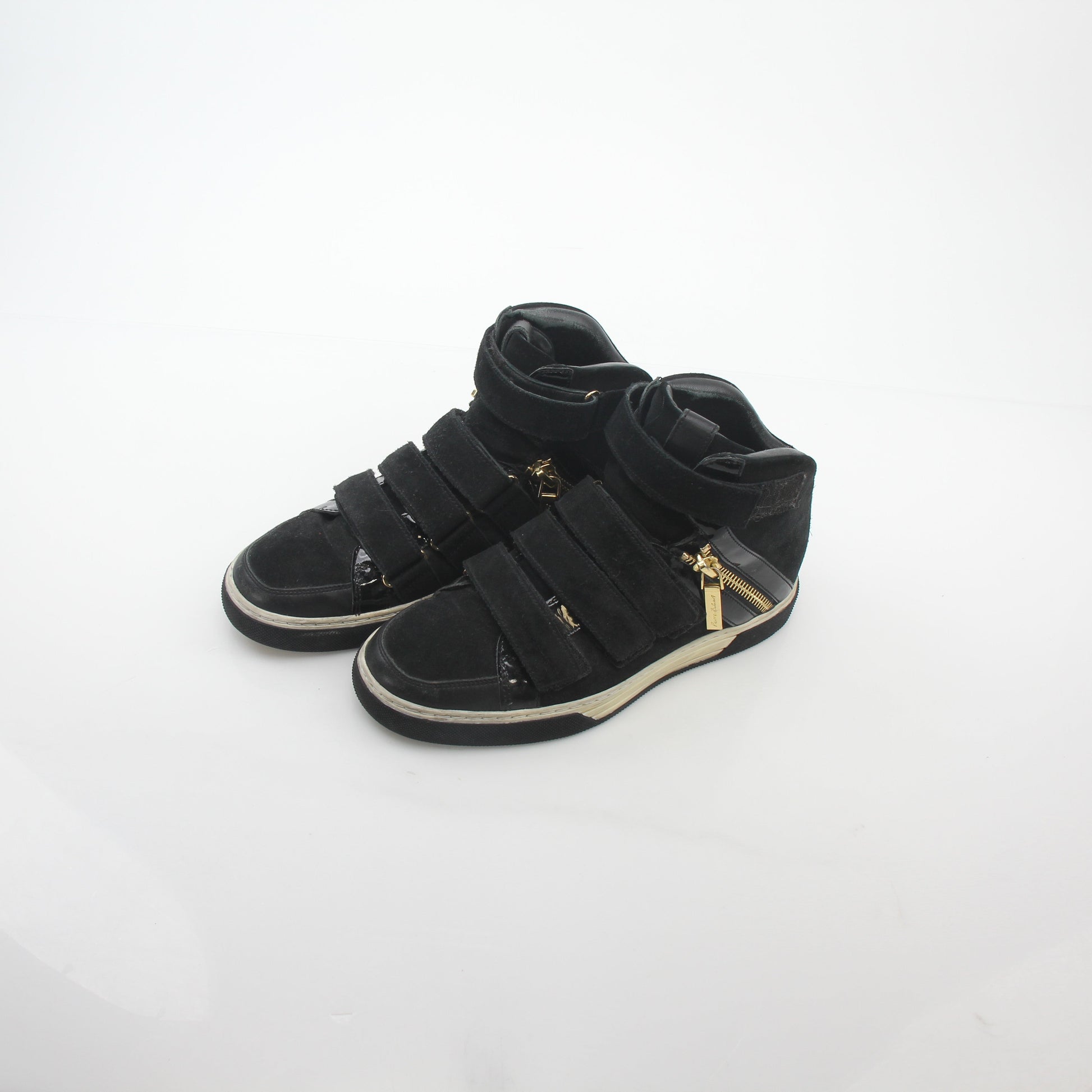 Gold & Beyond Pierre Balmain black multi-strap high-top sneakers featuring stylish shoe design and high-top silhouette.