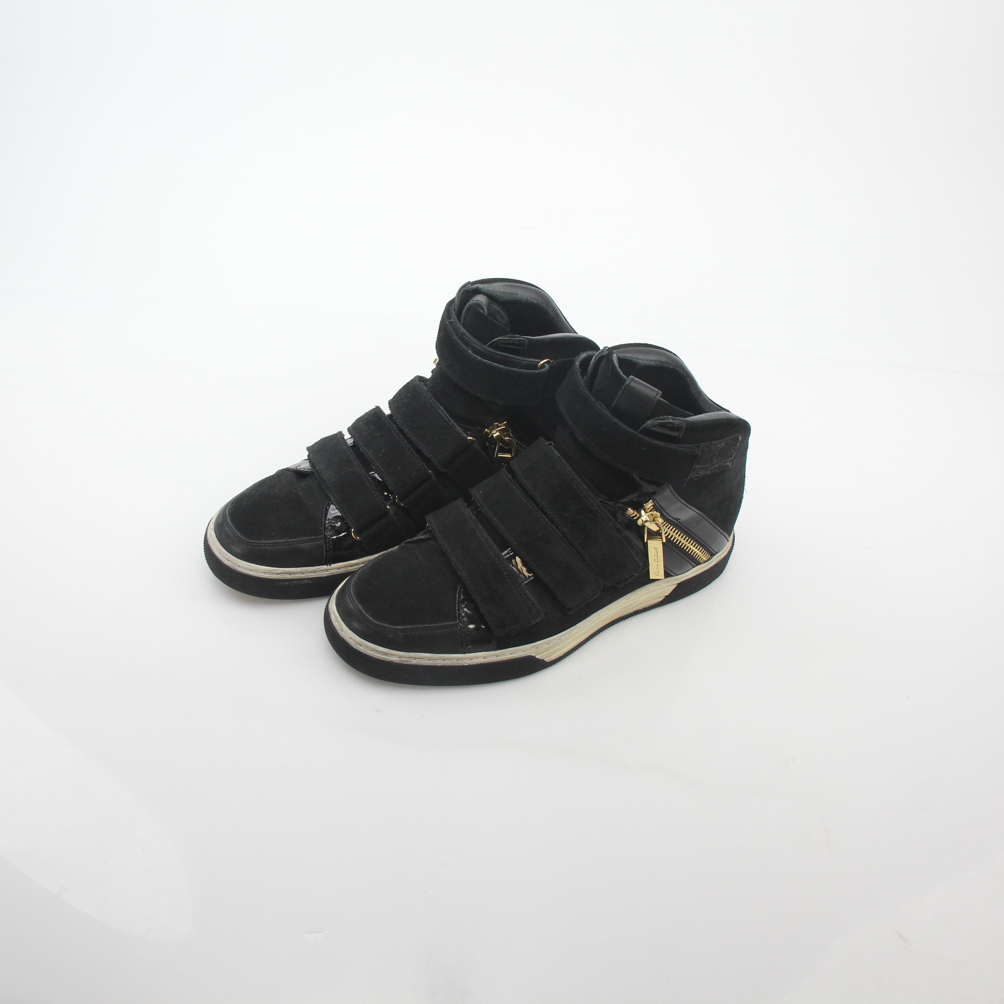 Gold & Beyond Pierre Balmain black multi-strap high-top sneakers featuring stylish shoe design and high-top silhouette.