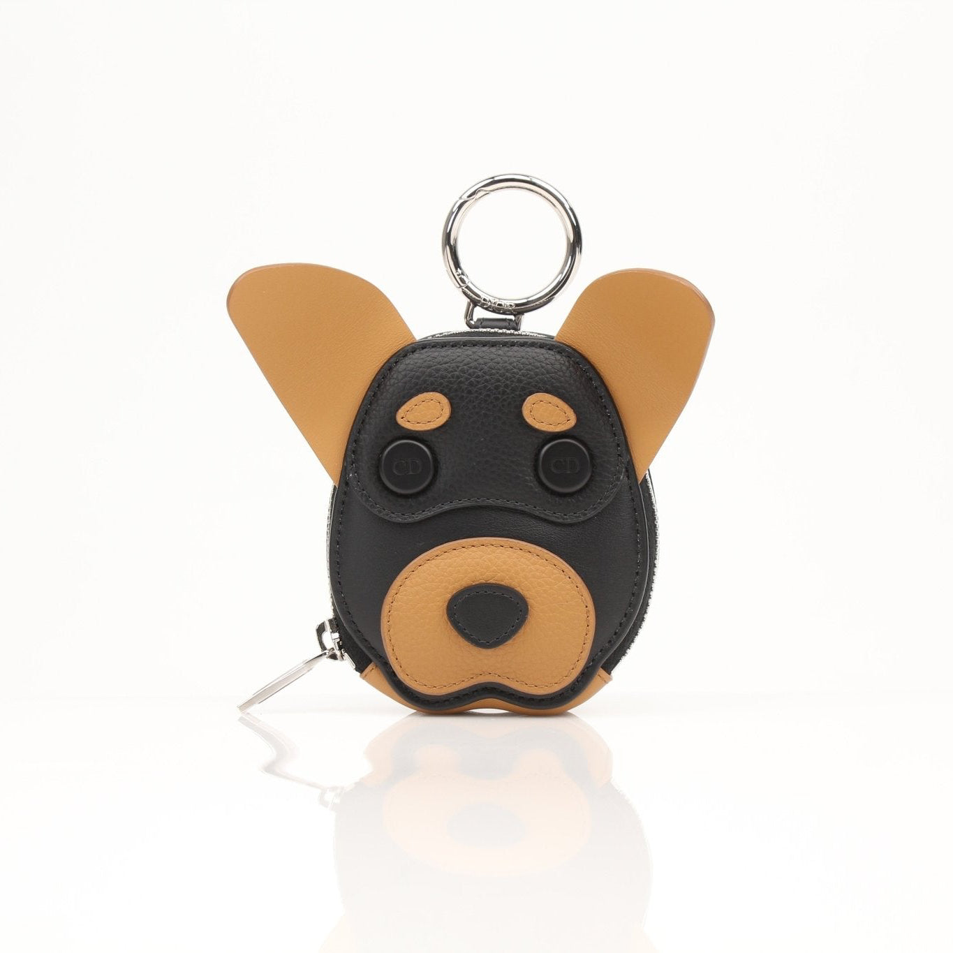 Christian Dior Mini Bobby Dog Zip Wallet Pouch with gold accents, compact leather wallet featuring a playful dog design.