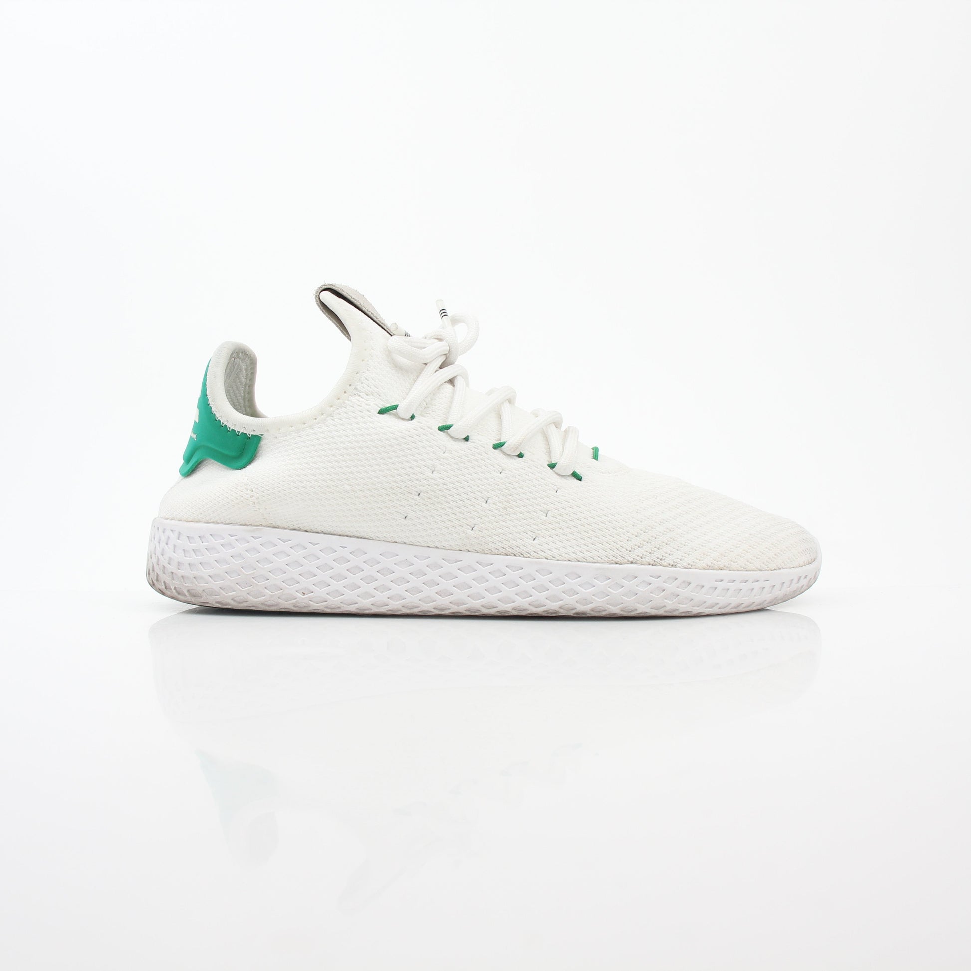 Adidas x Pharrell Williams Tennis Hu sneakers in white and green, stylish shoes with mesh and rubber sole.