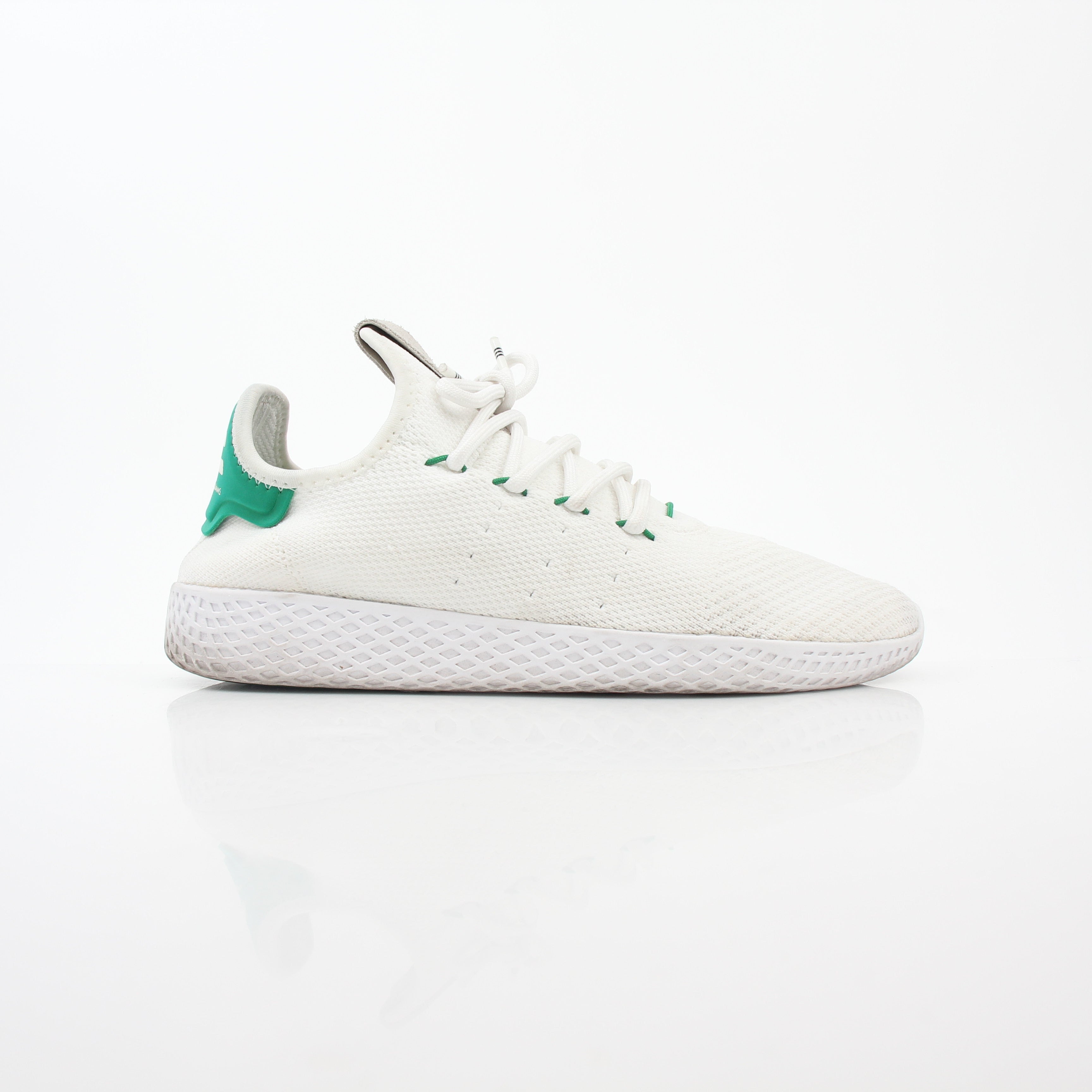 Adidas x Pharrell Williams Tennis Hu sneakers in white and green, stylish shoes with mesh and rubber sole.