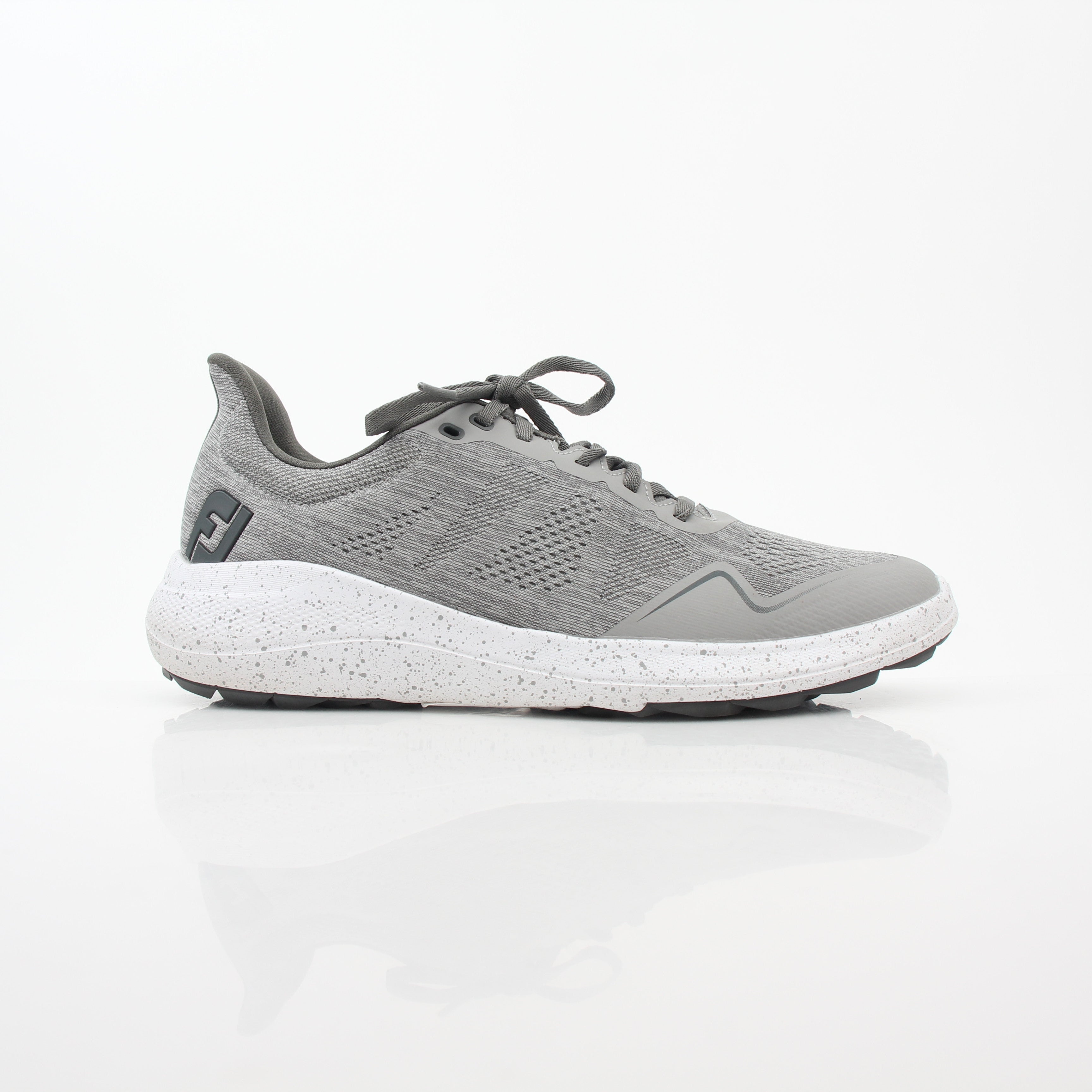 Gray FootJoy Flex spikeless golf shoes with sleek design and comfortable fit, perfect for on-course performance and style.