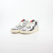 Gucci Silver Metallic Re-Web Sneakers, stylish shoes with silver metallic finish and iconic web details from Gold & Beyond.