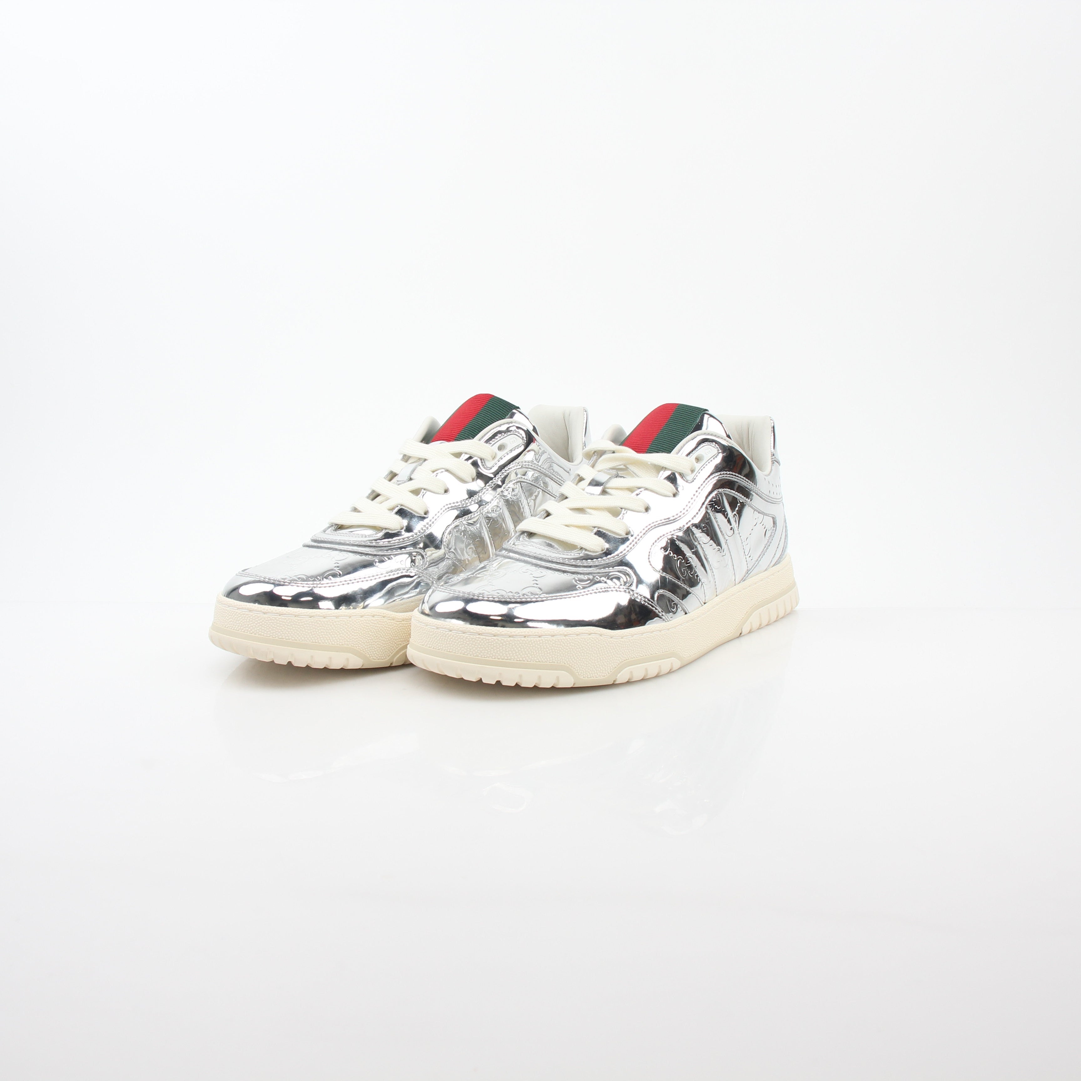 Gucci Silver Metallic Re-Web Sneakers, stylish shoes with silver metallic finish and iconic web details from Gold & Beyond.