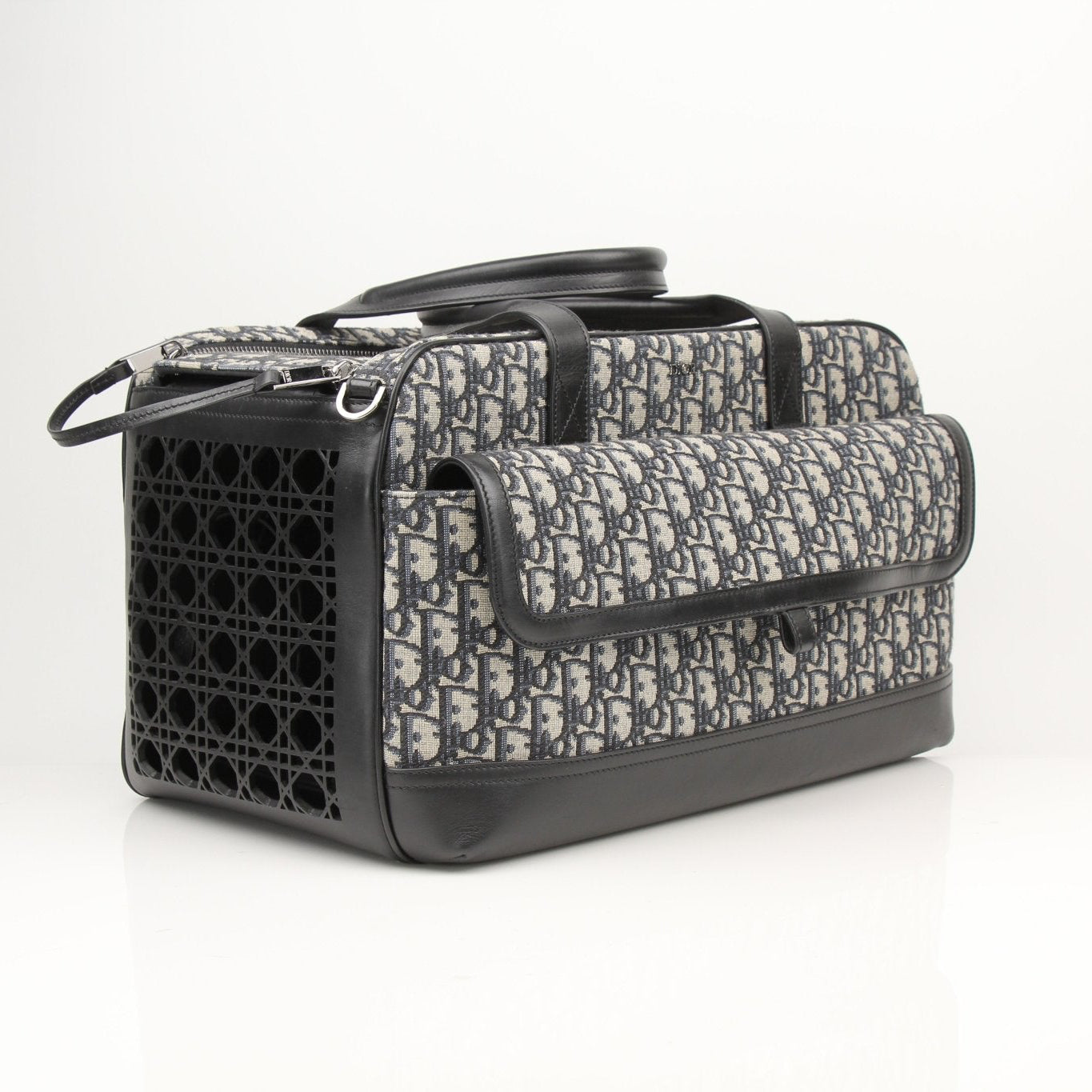 Christian Dior Oblique Dog Carrier travel bag by Gold & Beyond, featuring designer monogram fabric and sturdy handles for pet travel.