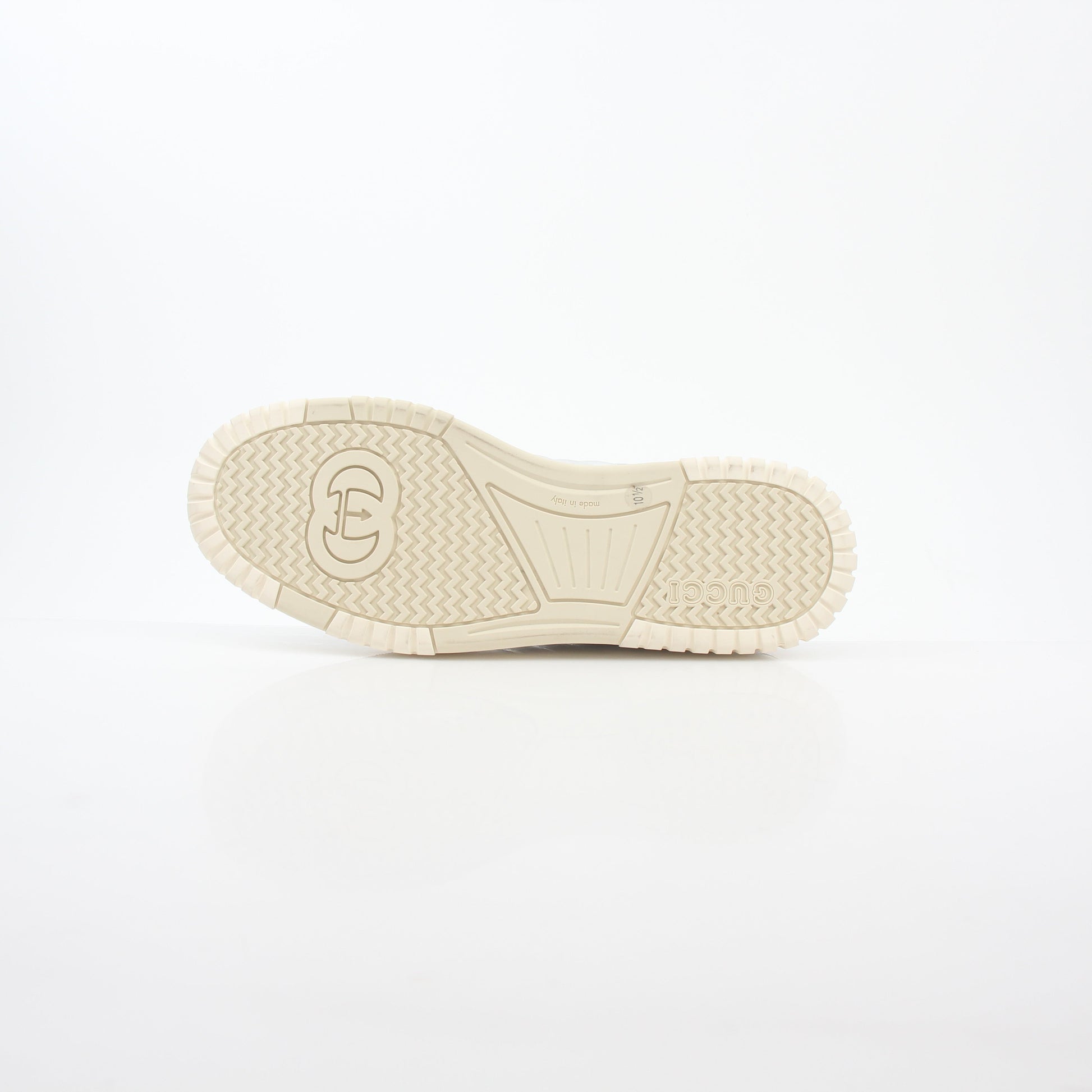 Silver metallic Gucci Re-Web sneakers with white soles and iconic branding, stylish shoes for casual or trendy looks.