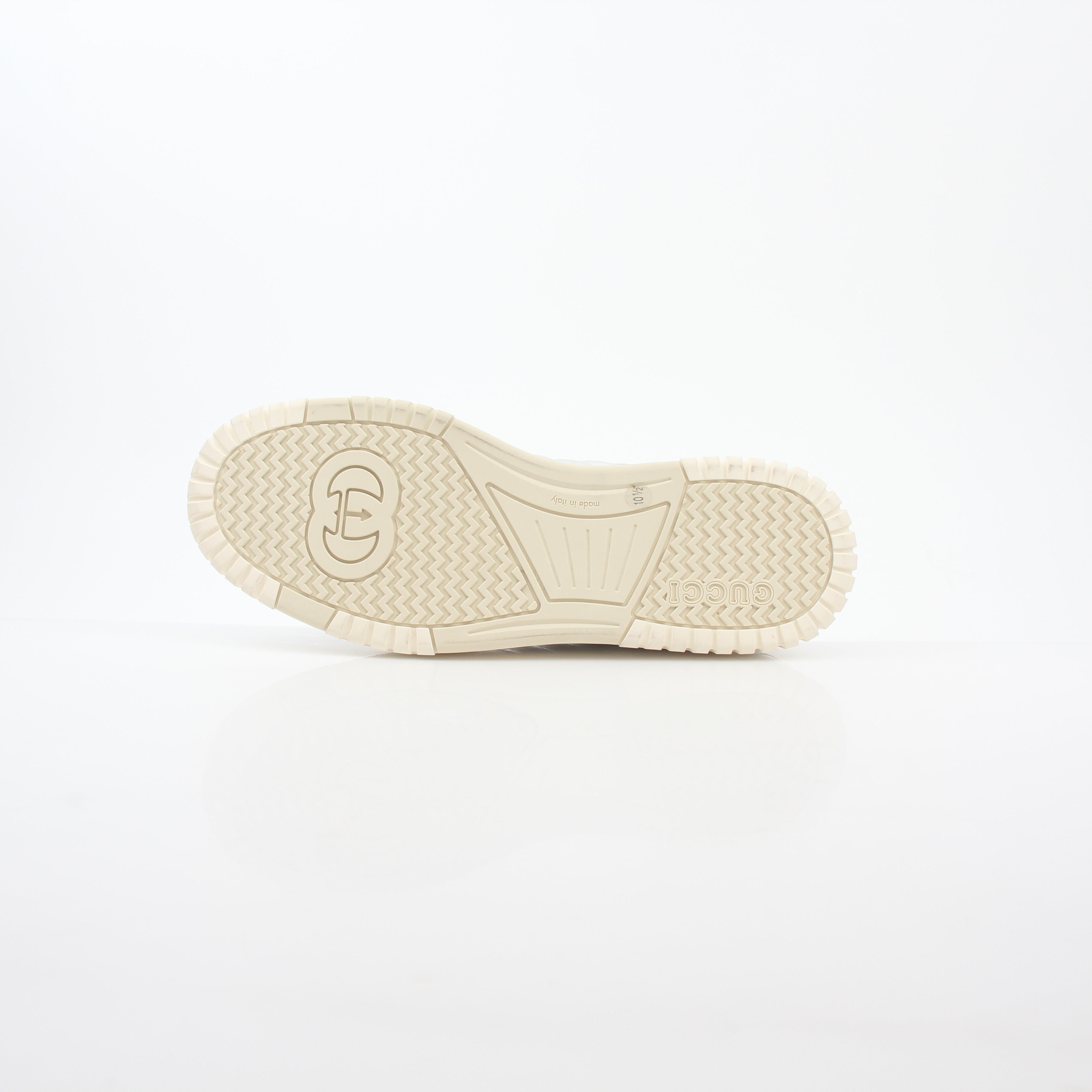 Silver metallic Gucci Re-Web sneakers with white soles and iconic branding, stylish shoes for casual or trendy looks.