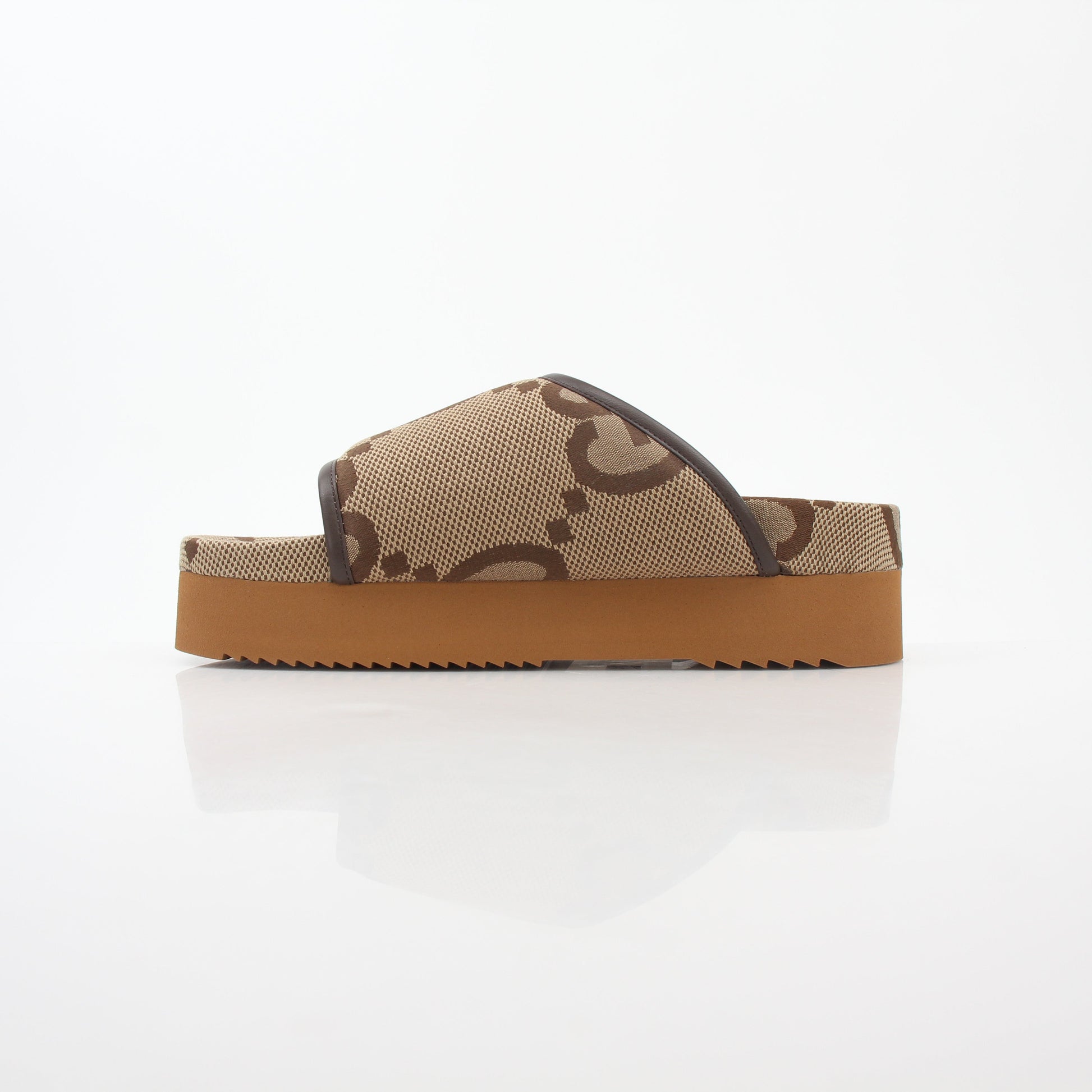 Gucci brown maxi GG platform slide sandals with thick soles and wide straps, displayed on a white background.