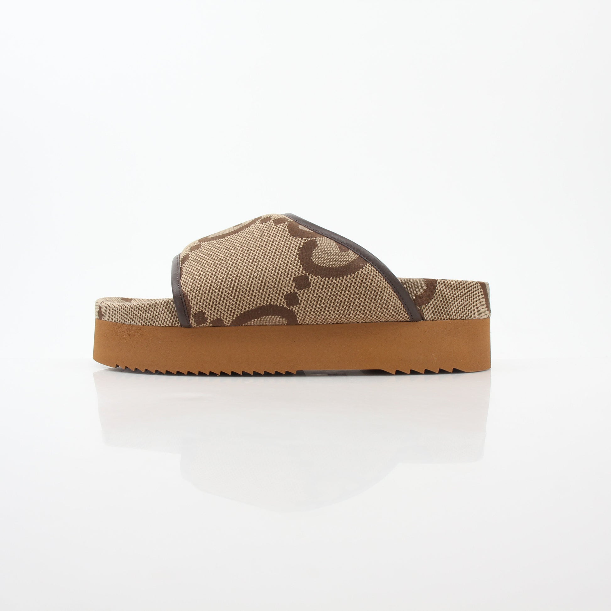 Gold & Beyond Gucci Brown Maxi GG platform slide sandals with thick straps and chunky soles, showcasing stylish footwear design.