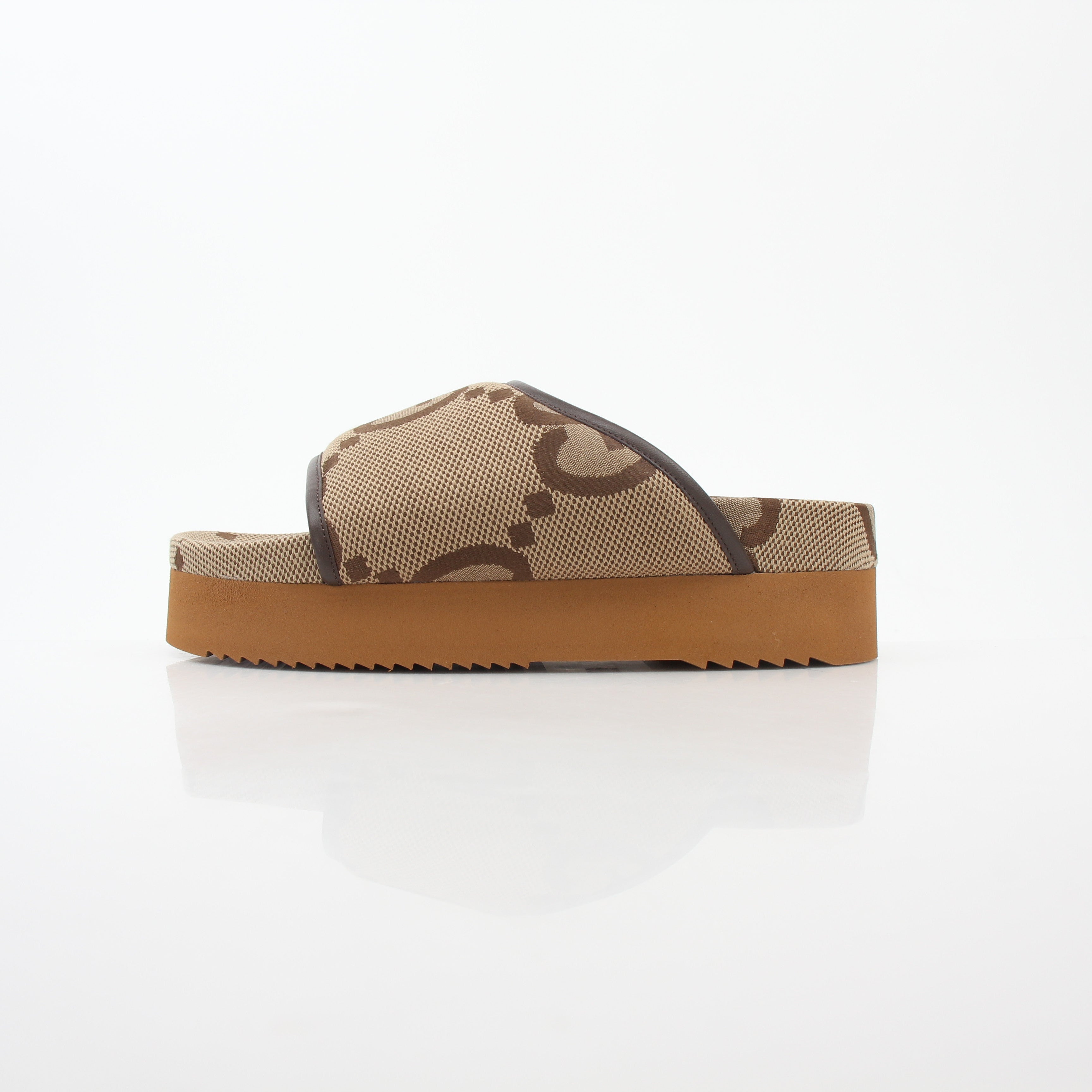 Gold & Beyond Gucci Brown Maxi GG platform slide sandals with thick straps and chunky soles, showcasing stylish footwear design.