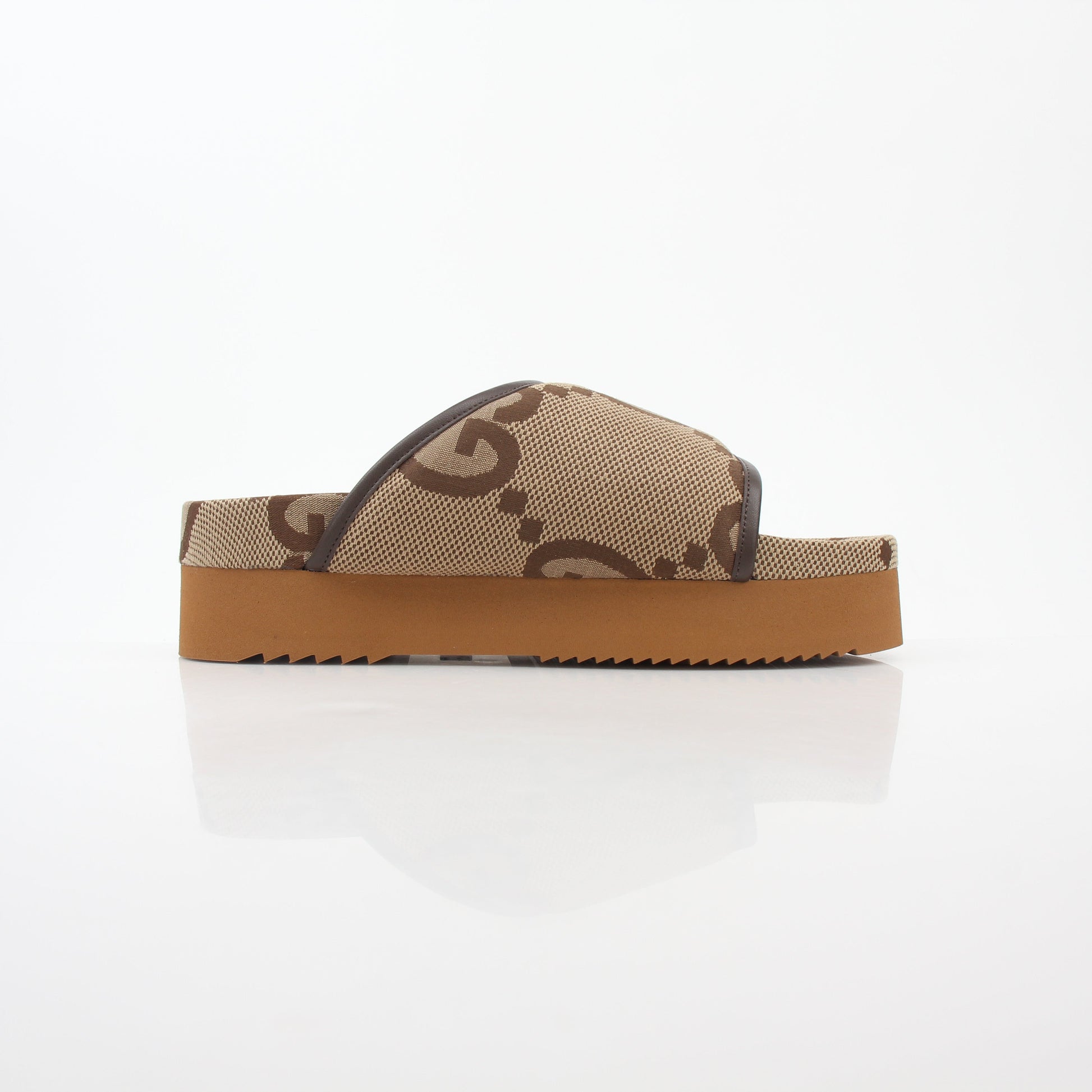 Gold & Beyond Gucci brown maxi GG platform slide sandals with wide straps and chunky soles for a stylish summer look.