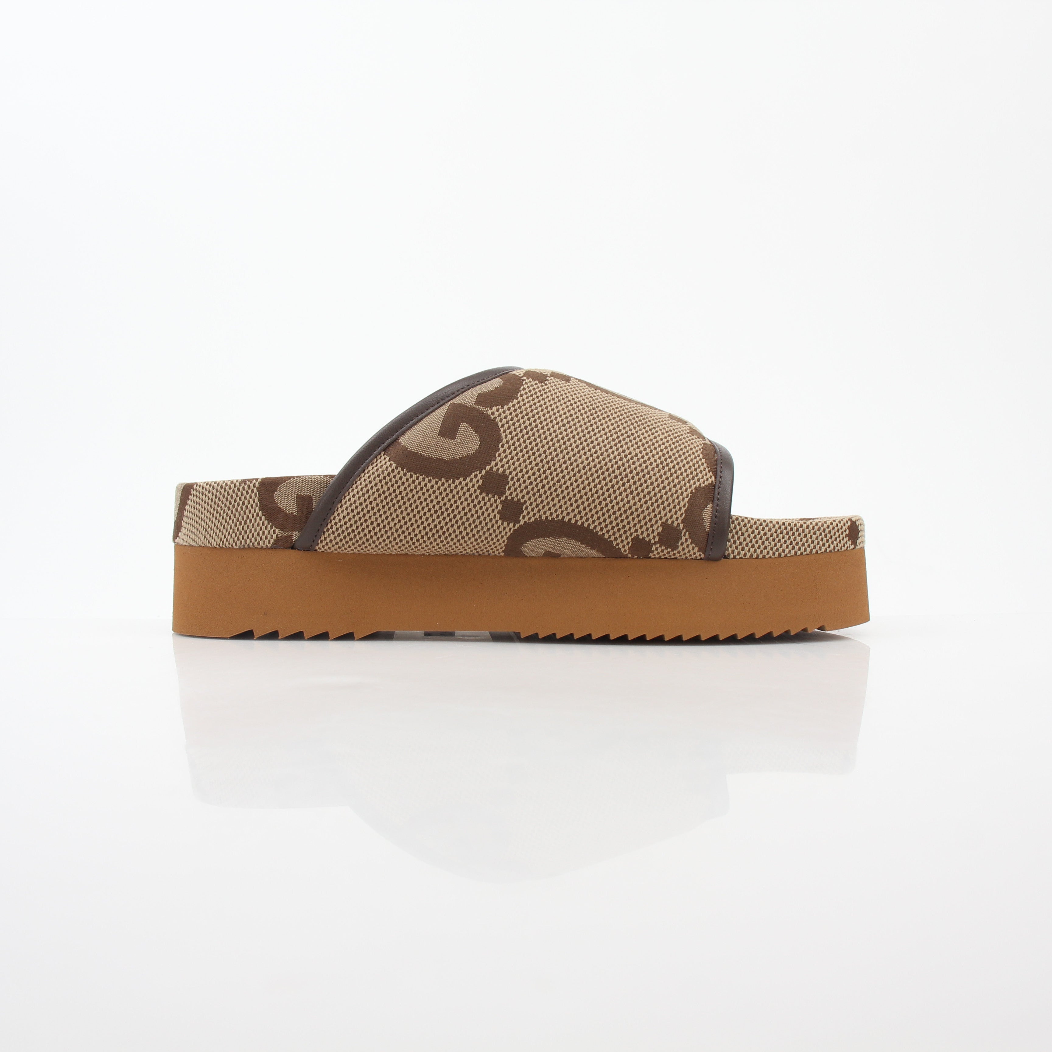 Gold & Beyond Gucci brown maxi GG platform slide sandals with wide straps and chunky soles for a stylish summer look.