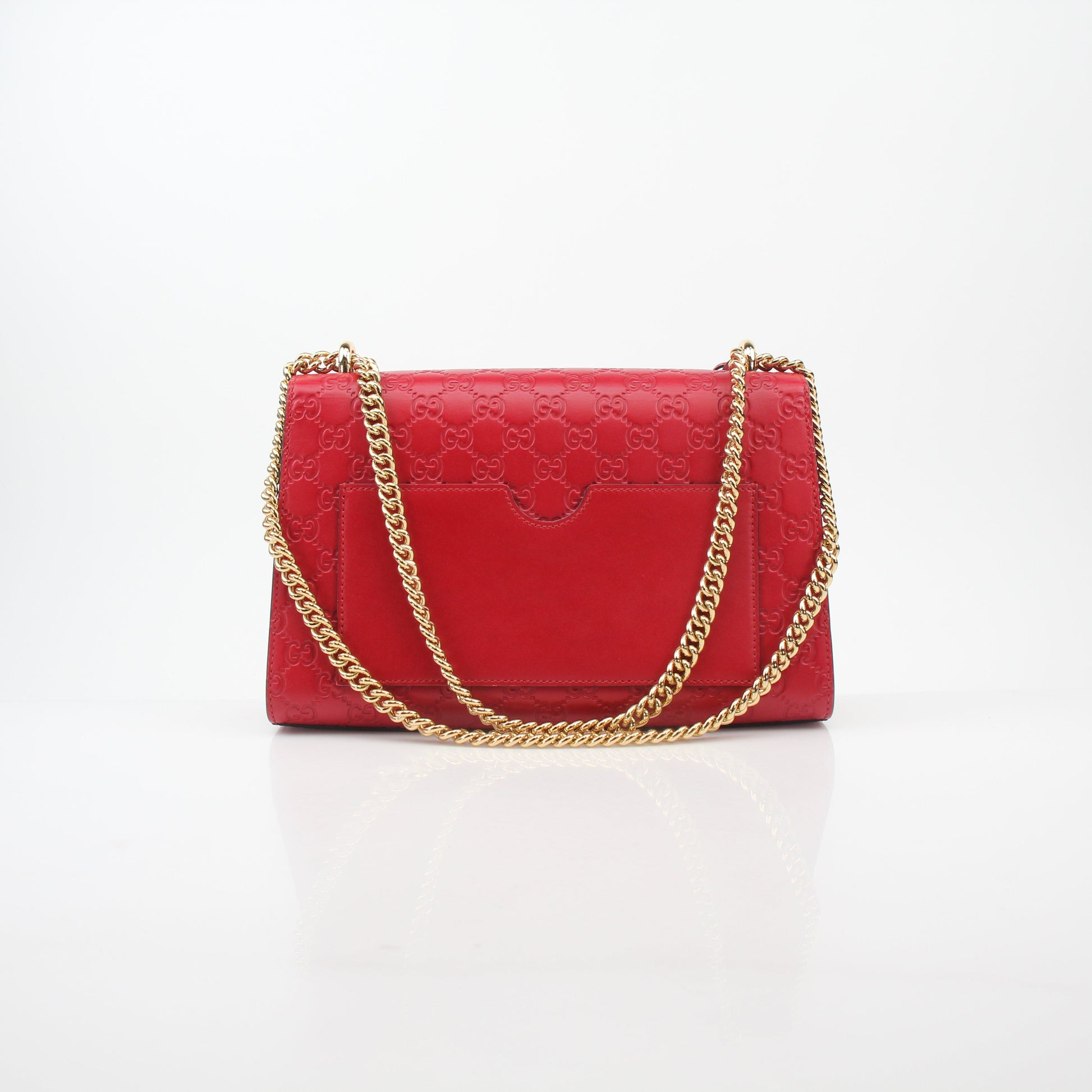 Red Gucci GG Signature Padlock Medium Shoulder Bag, stylish handbag with gold hardware and signature pattern, front view.