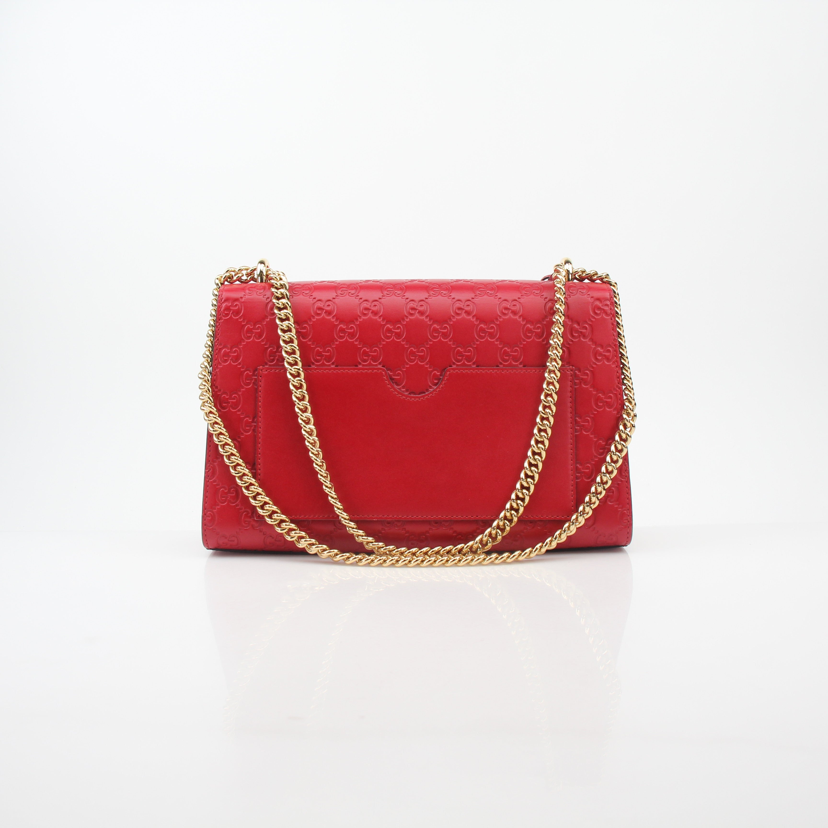 Red Gucci GG Signature Padlock Medium Shoulder Bag, stylish handbag with gold hardware and signature pattern, front view.