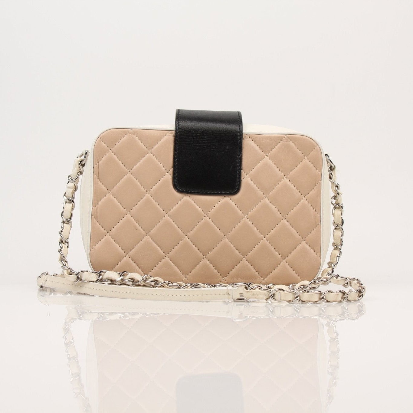 Gold & Beyond Chanel Two-Tone Quilted Mini Flap Handbag with gold chain strap and signature quilted design.