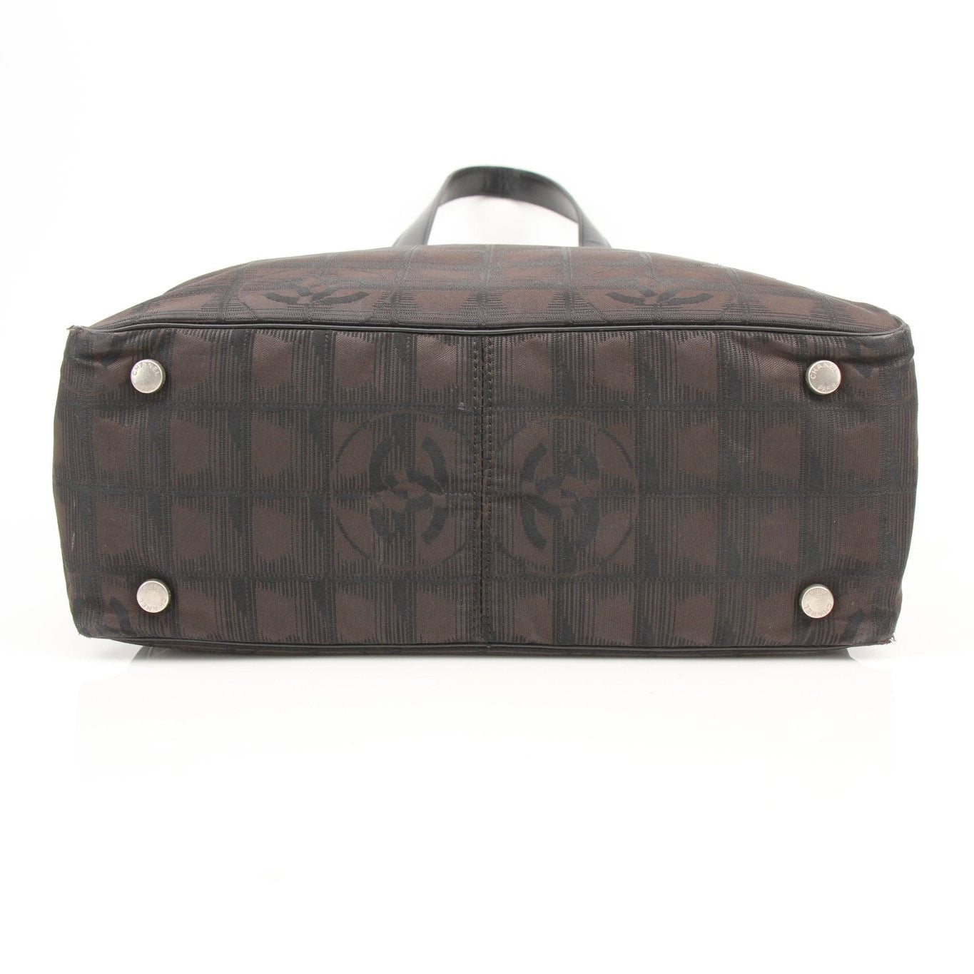 Gold & Beyond Chanel checked nylon tote handbag with top handles and spacious interior, stylish and lightweight for everyday use.