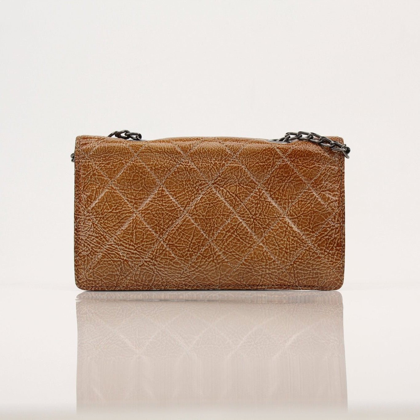 Gold & Beyond Chanel Crinkled Patent Wallet on Chain, stylish black wallet featuring crinkled patent leather and chain strap.