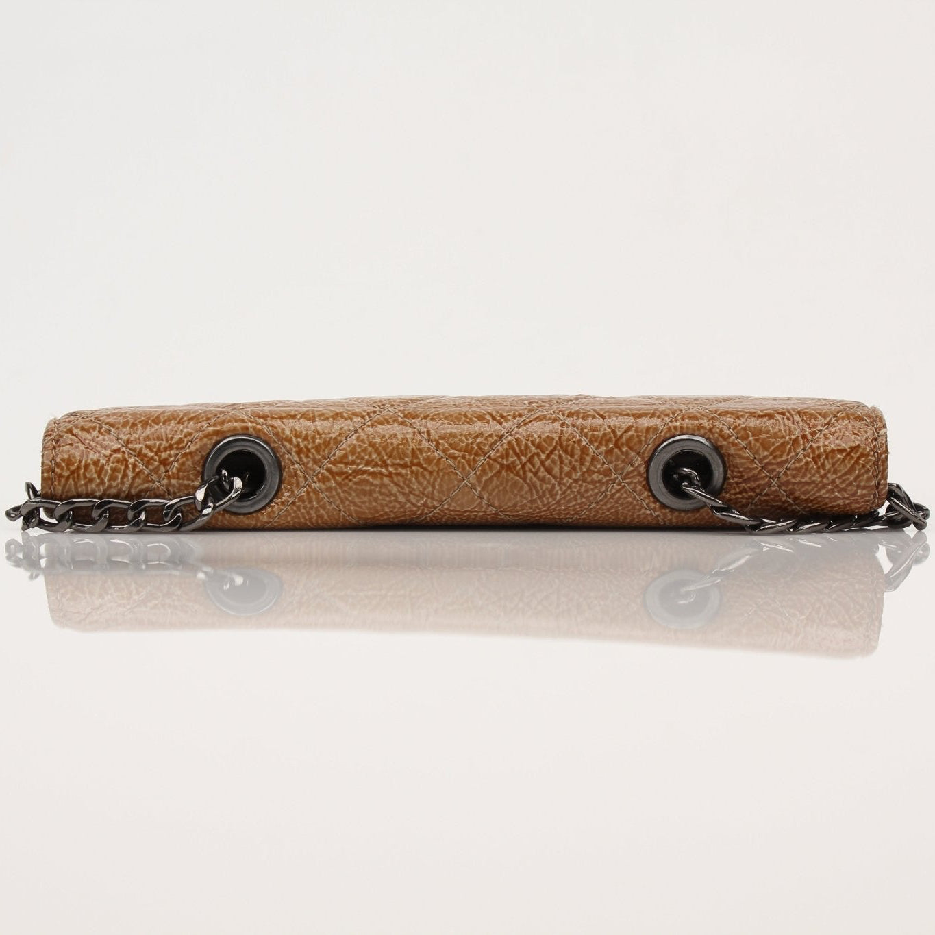 Gold & Beyond Chanel crinkled patent wallet on chain with gold hardware, compact and stylish for everyday use.