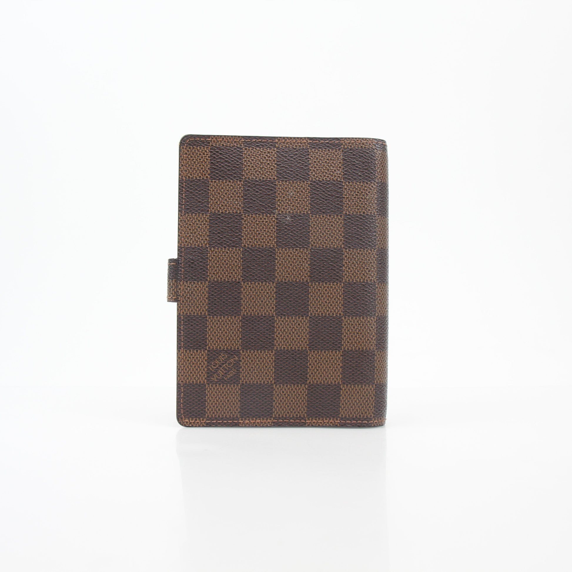 Louis Vuitton Damier Ebene Ring Agenda PM cover, luxury accessories with brown checkerboard pattern and gold branding details.