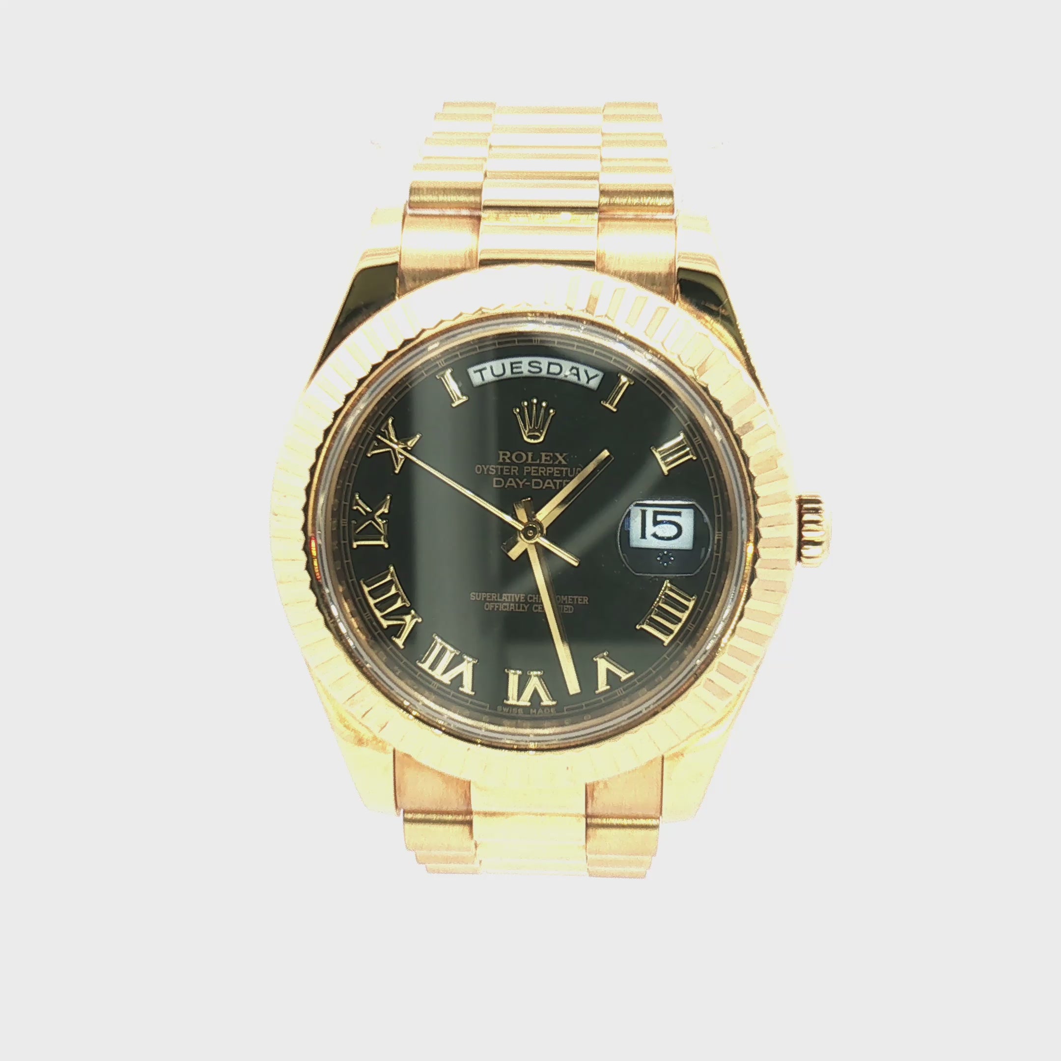 Load video: Rolex Day-Date Yellow Gold Black Roman Dial 41mm