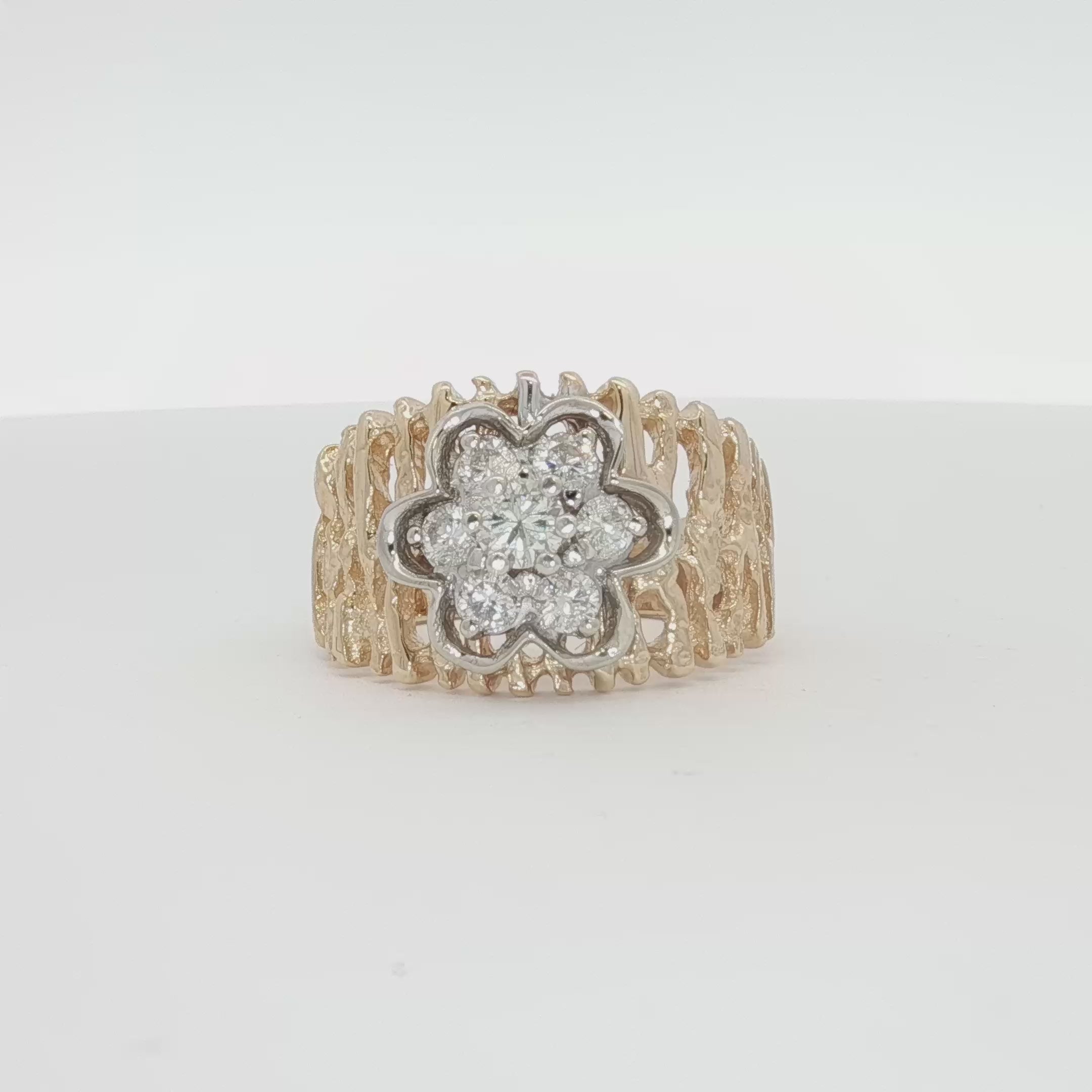 Load video: 14K Yellow Gold Diamond Flower Cluster Ring
