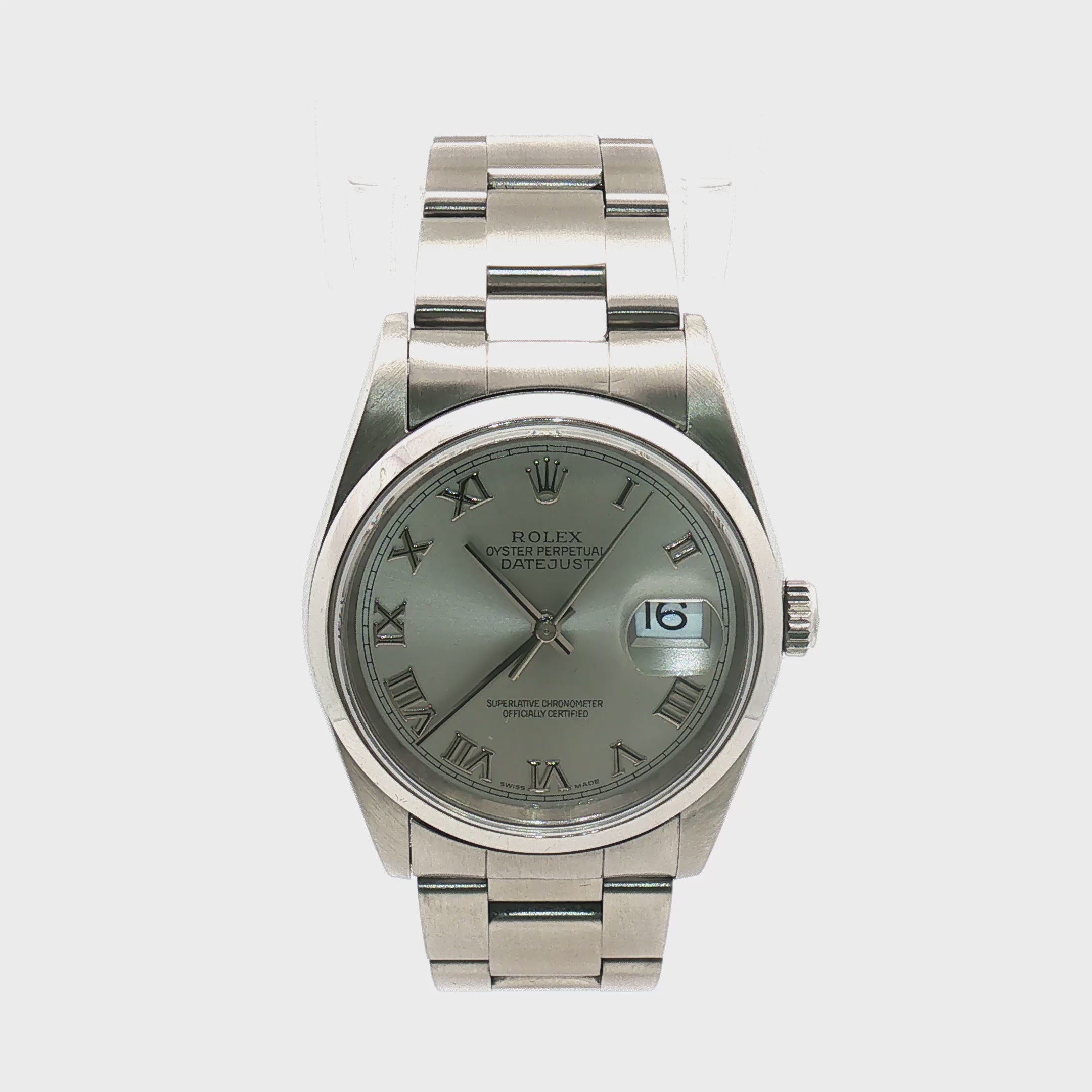 Load video: Rolex Datejust Silver Roman Dial Stainless Steel 36mm